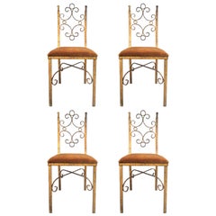 Vintage Four French Wrought Iron Gold Gilt Chairs Manner of Gilbert Poillerat
