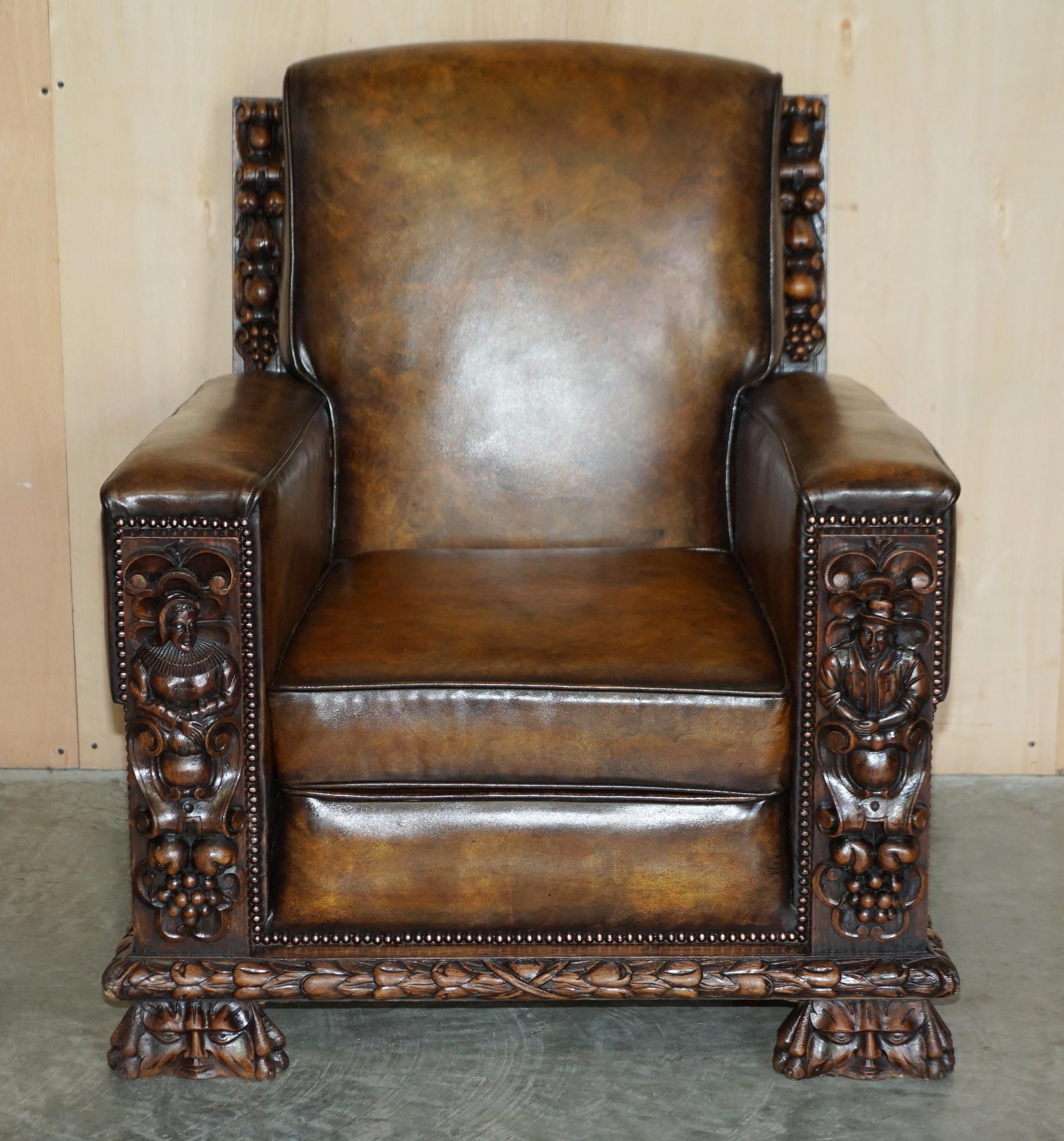 English FOUR FULLY RESTORED ANTIQUE CLUB ARMCHAIRS WiTH GOTHIC CARVED PANELS MUST SEE For Sale