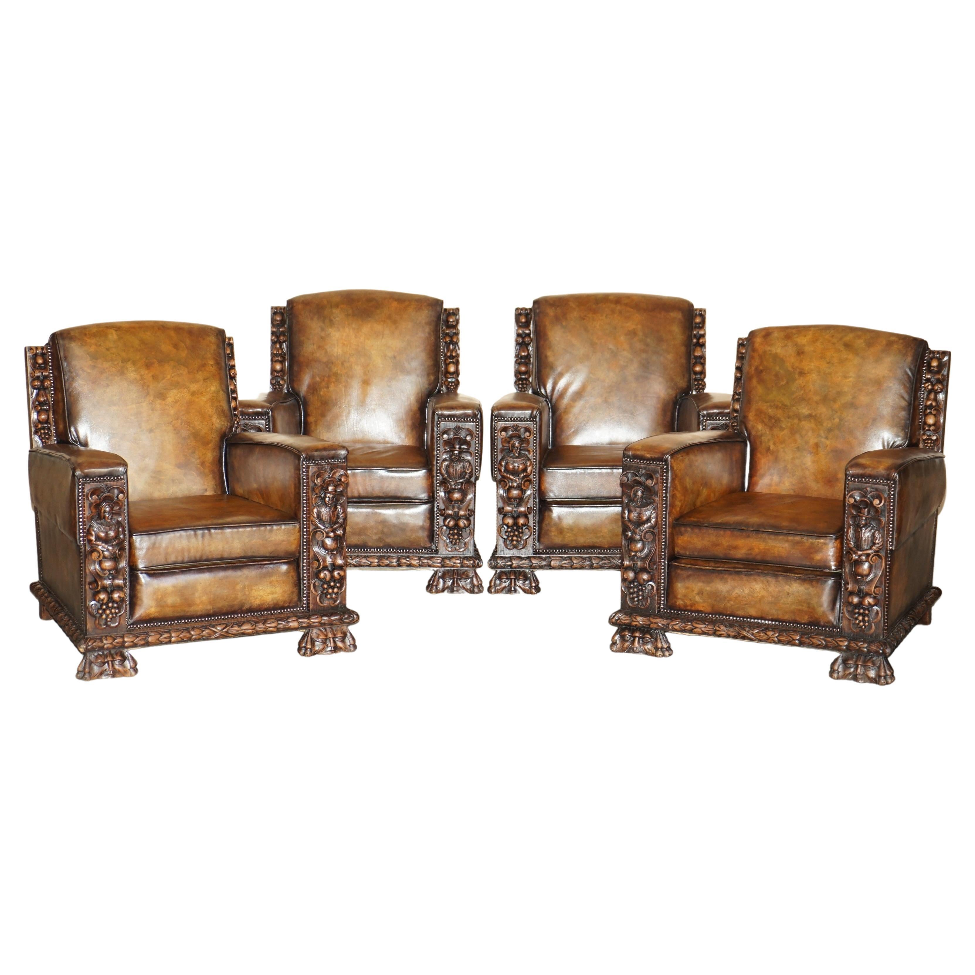 FOUR FULLY RESTORED ANTIQUE CLUB ARMCHAIRS WiTH GOTHIC CARVED PANELS MUST SEE For Sale