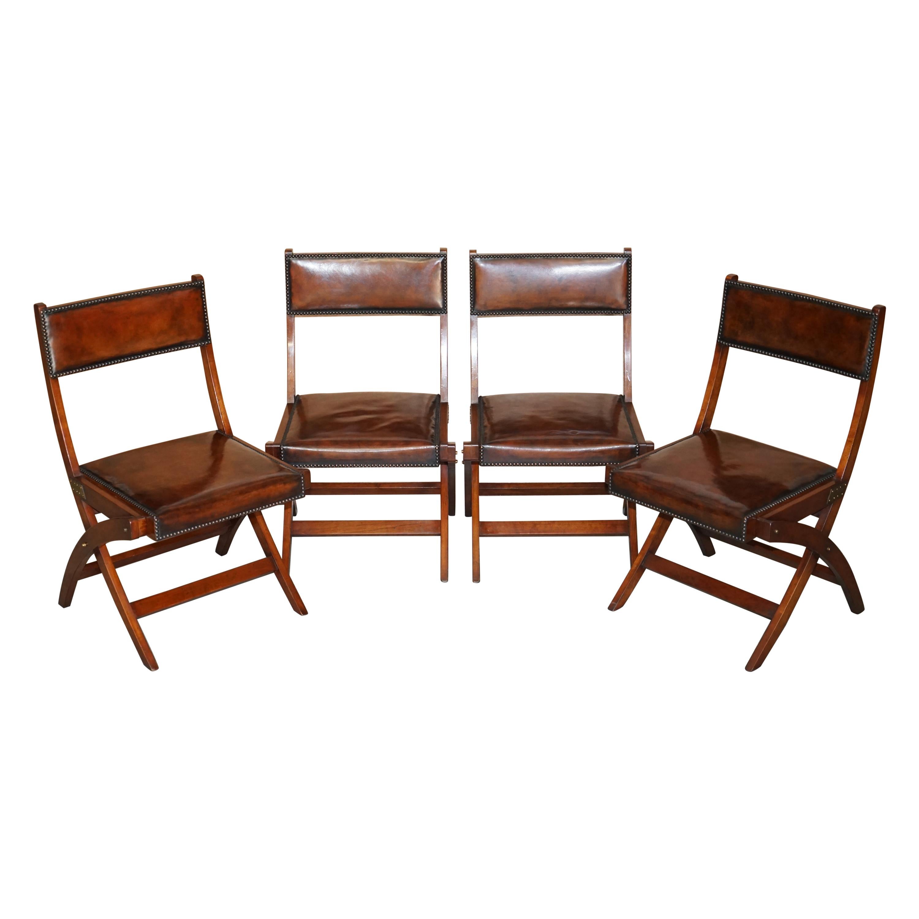 Four Fully Restored Cigar Brown Leather Harrods London Kennedy Campaign Chairs