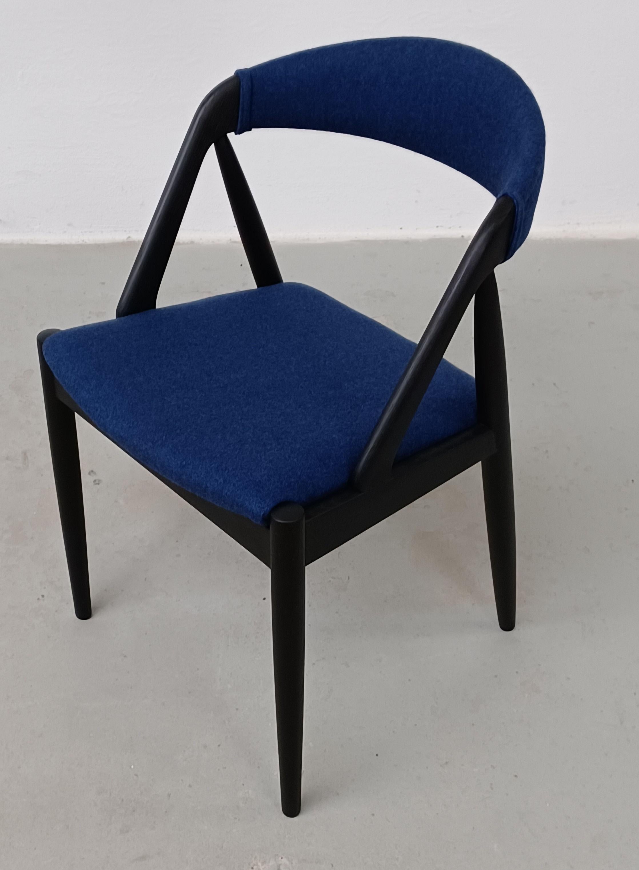 Scandinavian Modern Four Fully Restored Ebonized and Reupholstered Kai Kristiansen Oak Dining Chairs For Sale