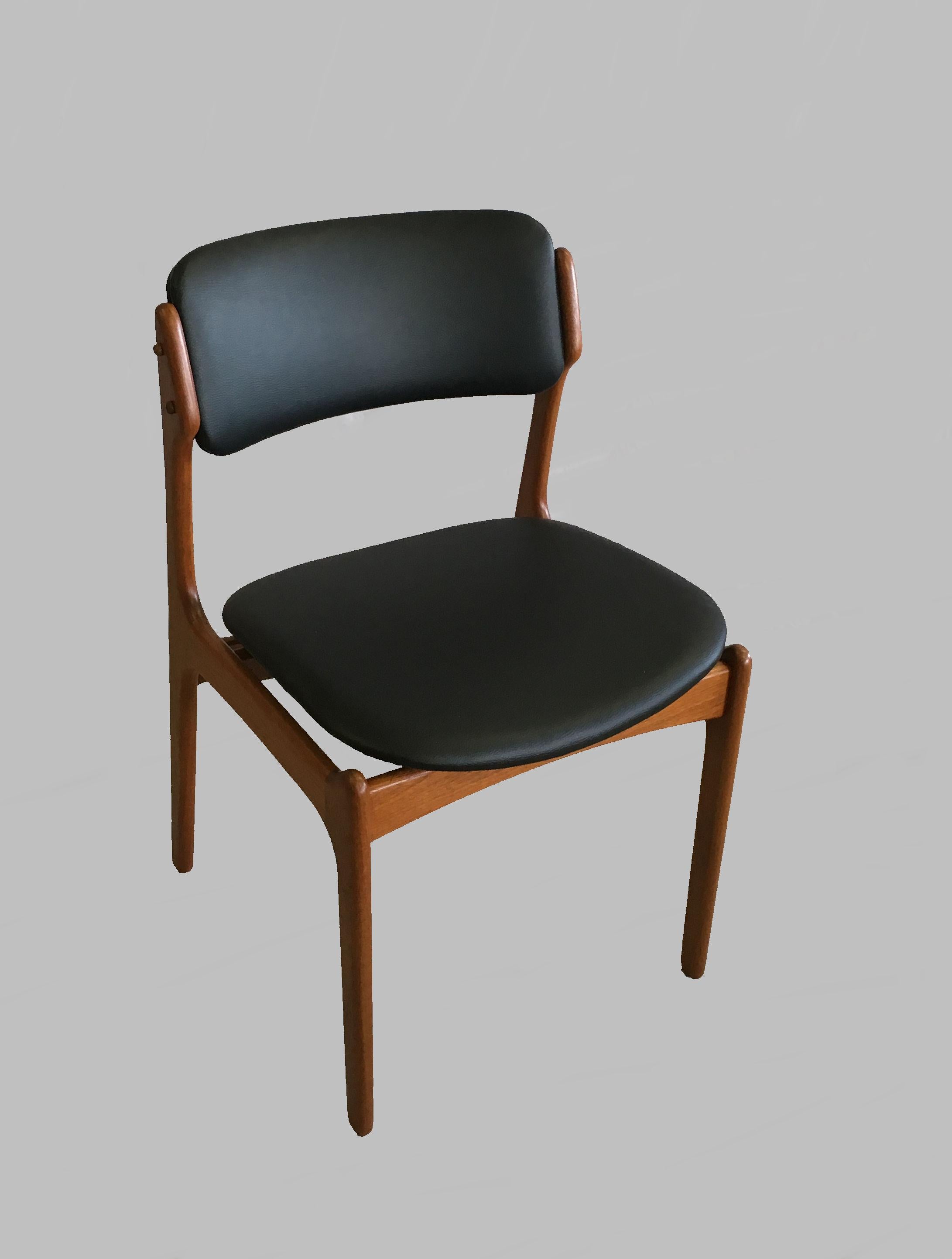 Scandinavian Modern Four Fully Restored Erik Buch Teak Dining Chairs, Reupholstered in Black Leather
