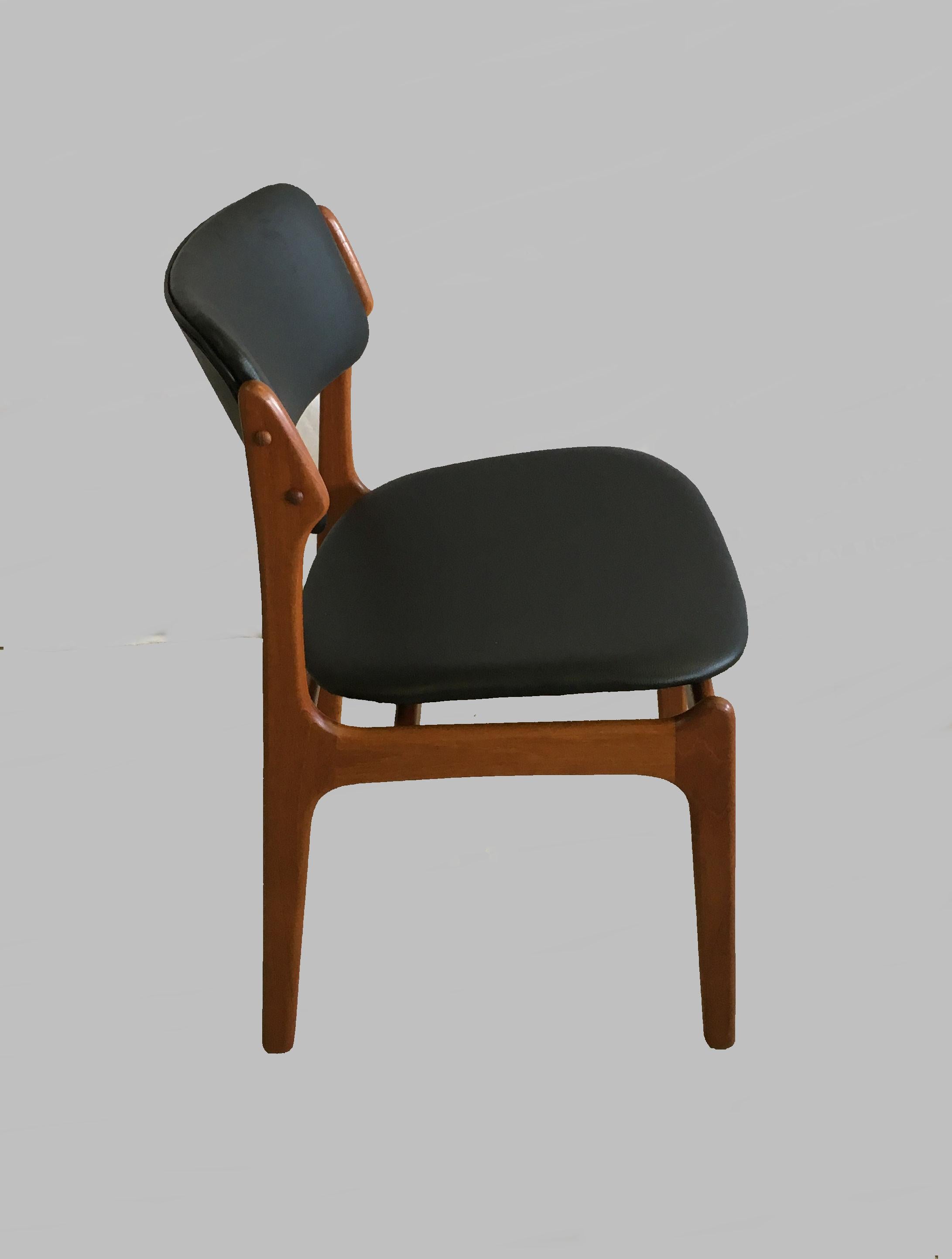 Danish Four Fully Restored Erik Buch Teak Dining Chairs, Reupholstered in Black Leather