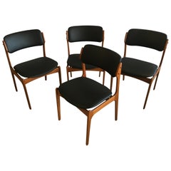 Four Fully Restored Erik Buch Teak Dining Chairs, Reupholstered in Black Leather