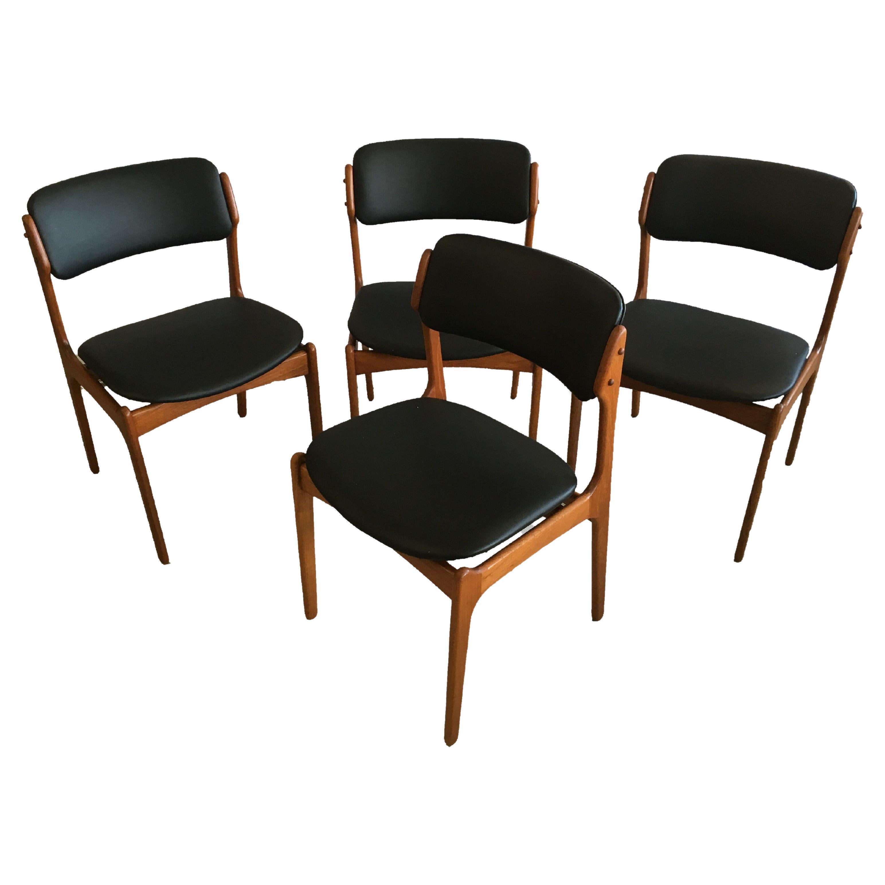 Four Fully Restored Erik Buch Teak Dining Chairs, Reupholstered in Black Leather For Sale