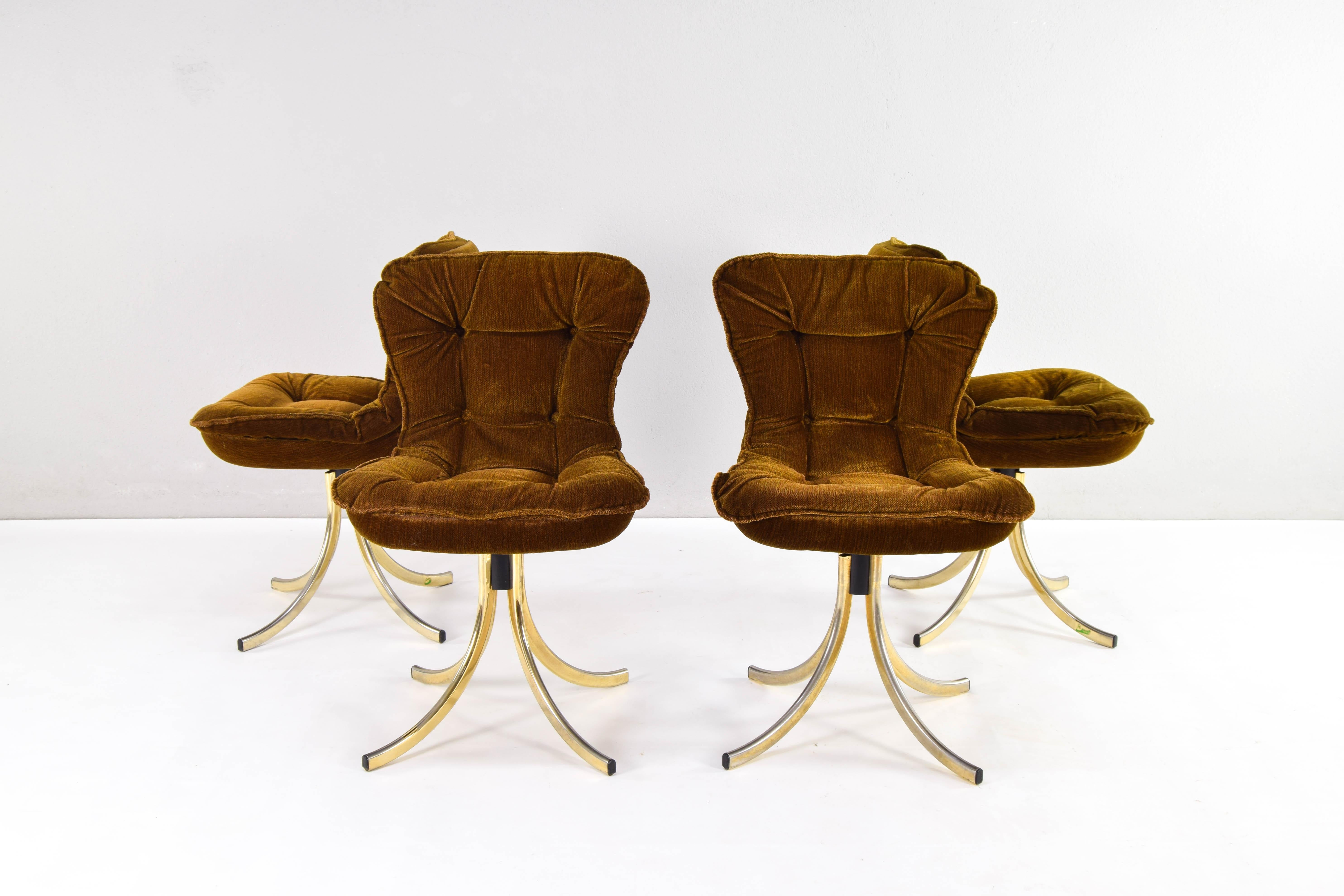 Mid-Century Modern Four Gastone Rinaldi for RIMA Velvet and Brass Swivel Dining Chairs, Italy 1970