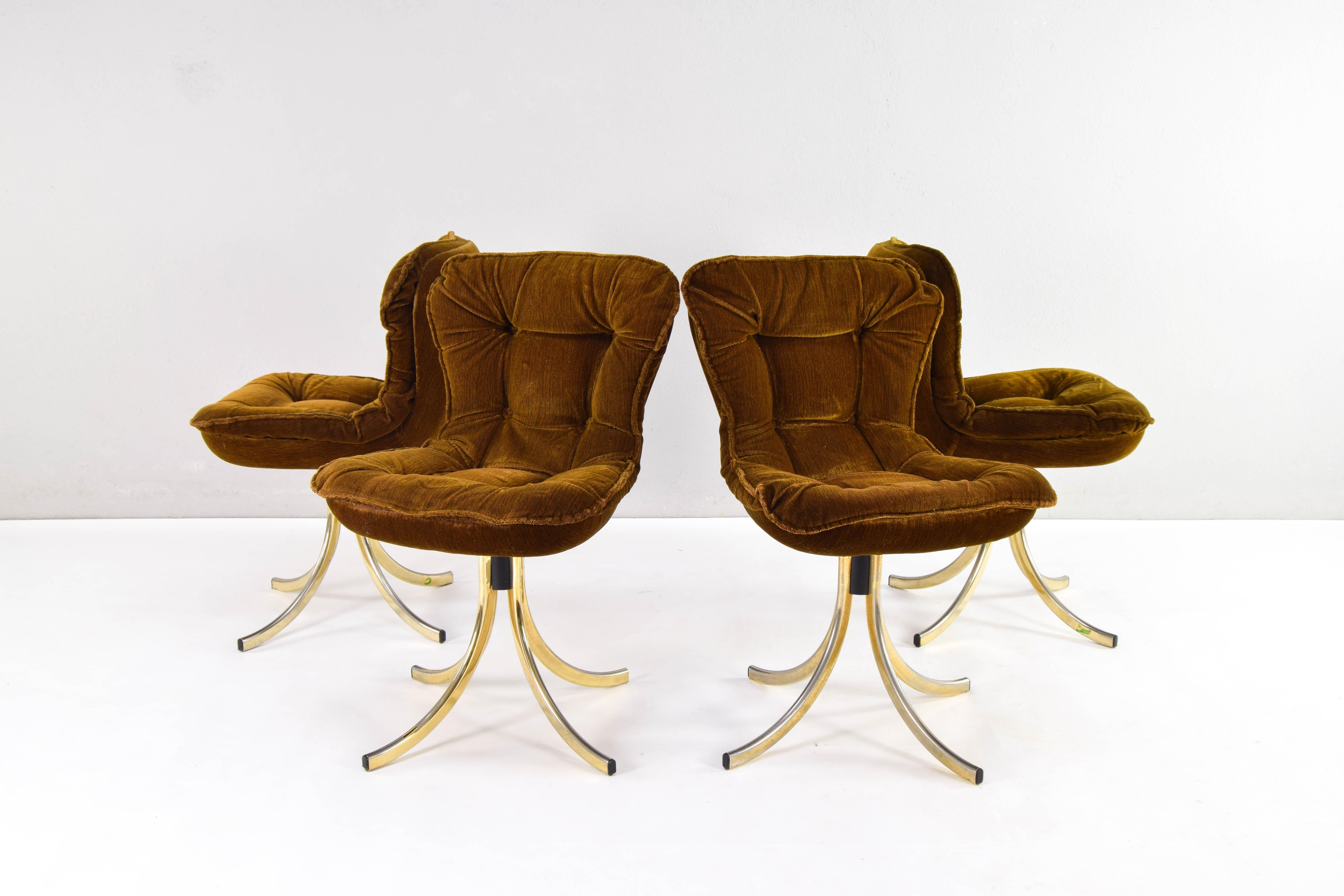 Italian Four Gastone Rinaldi for RIMA Velvet and Brass Swivel Dining Chairs, Italy 1970