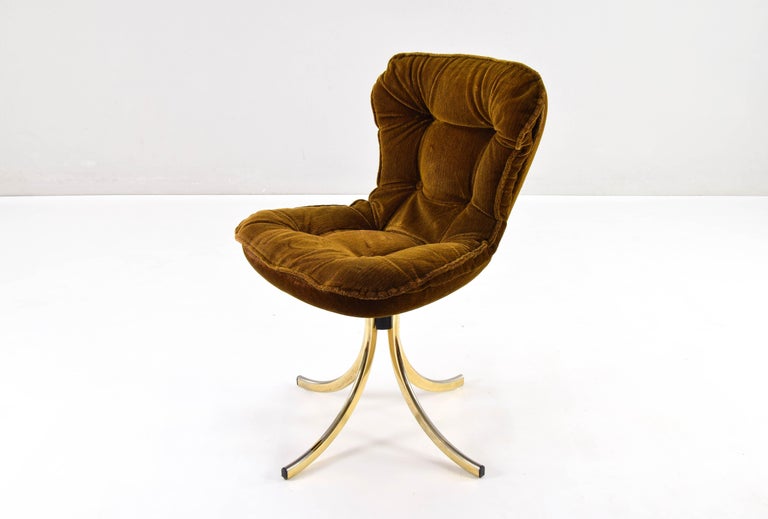 Four Gastone Rinaldi for RIMA Velvet and Brass Swivel Dining Chairs, Italy 1970 1