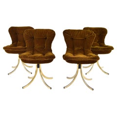Four Gastone Rinaldi for RIMA Velvet and Brass Swivel Dining Chairs, Italy 1970