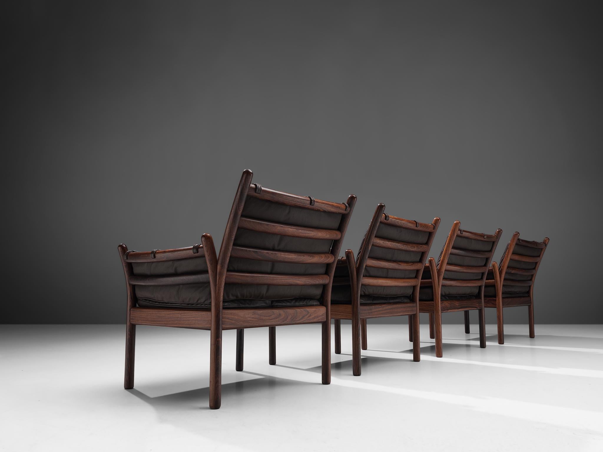 Mid-Century Modern Four 'Genius' Chairs in Rosewood and Brown Leather by Illum Wikkelsø