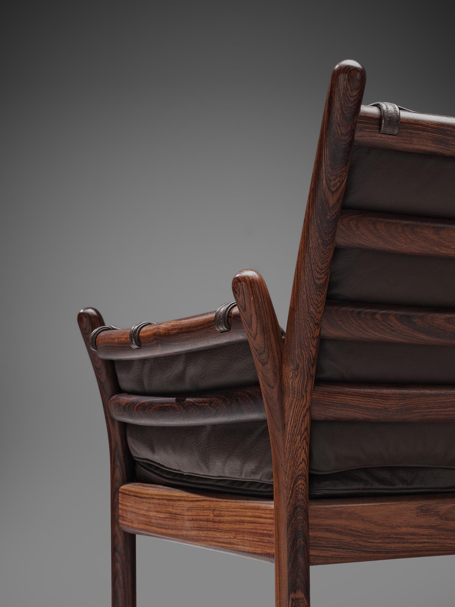 Four 'Genius' Chairs in Rosewood and Brown Leather by Illum Wikkelsø 1