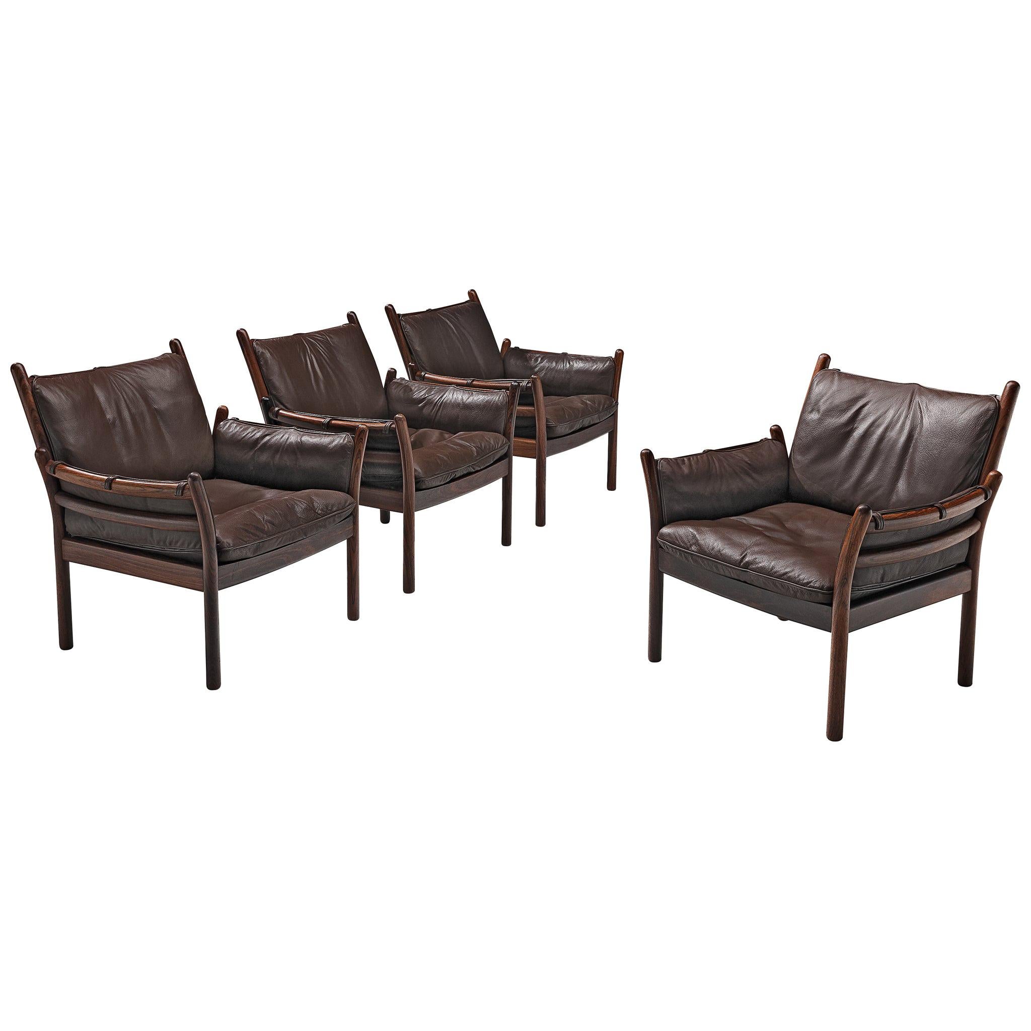 Four 'Genius' Chairs in Rosewood and Brown Leather by Illum Wikkelsø