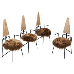 Four Geometric Dining Chairs with Sheepskin Seats by Rach Finazzi, Italy 1980s