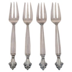 Four Georg Jensen Acanthus Pastry Forks in Sterling Silver, Dated 1933-1944