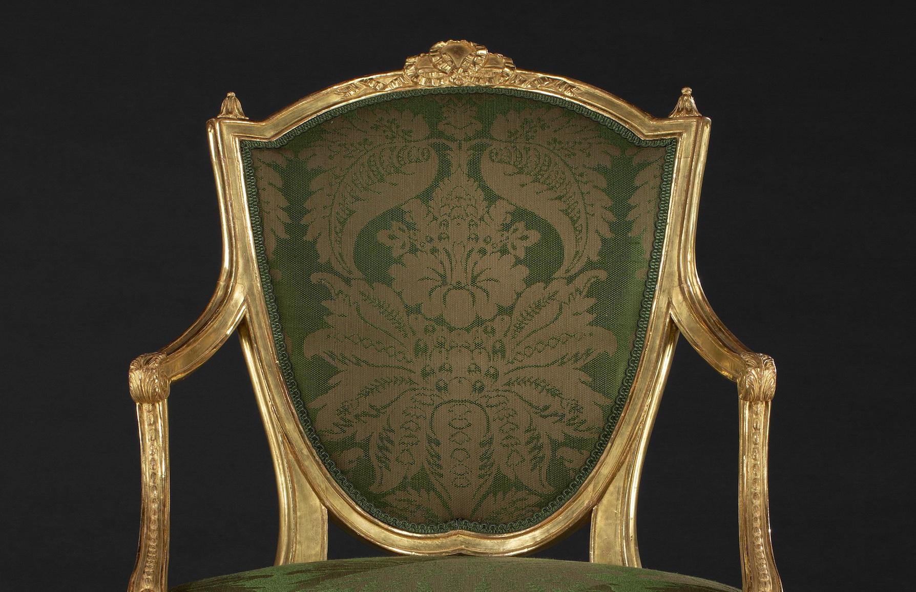 English Four George III Neo-Classical Antique Giltwood Armchairs For Sale