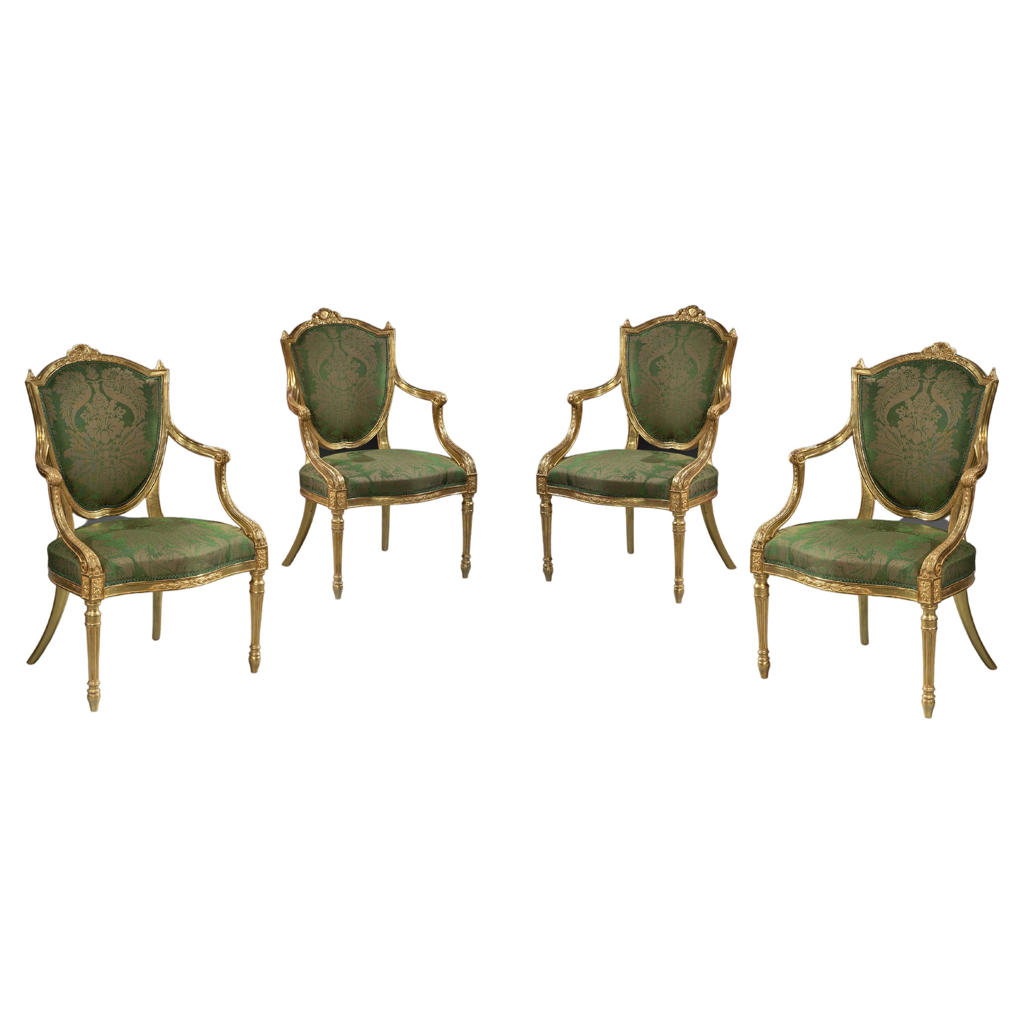 Four George III Neo-Classical Antique Giltwood Armchairs For Sale