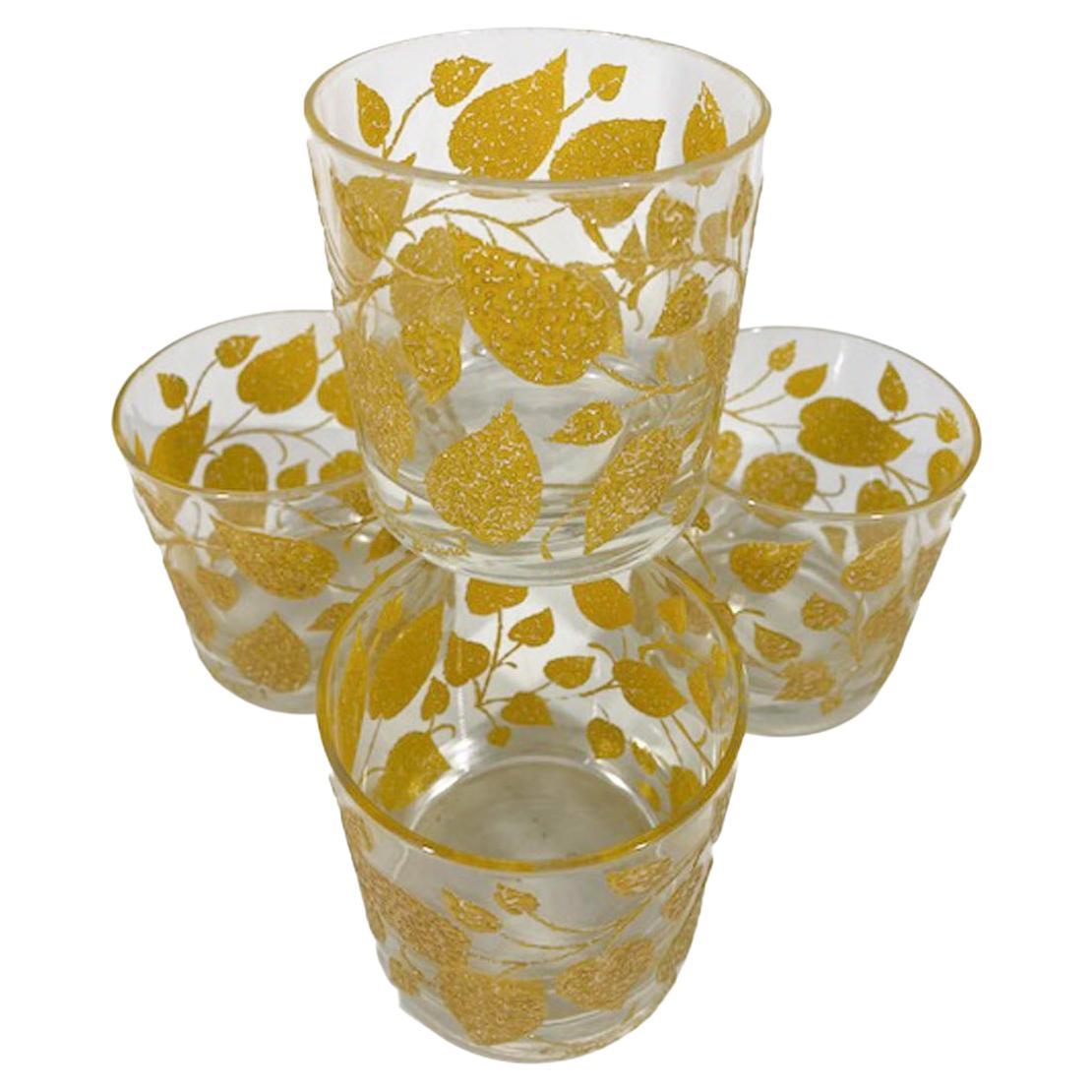 Four Georges Briard Rocks Glasses W/Raised, Textured Yellow Enamel Leafy Vines