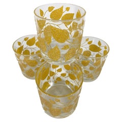 Four Georges Briard Rocks Glasses W/Raised, Textured Yellow Enamel Leafy Vines
