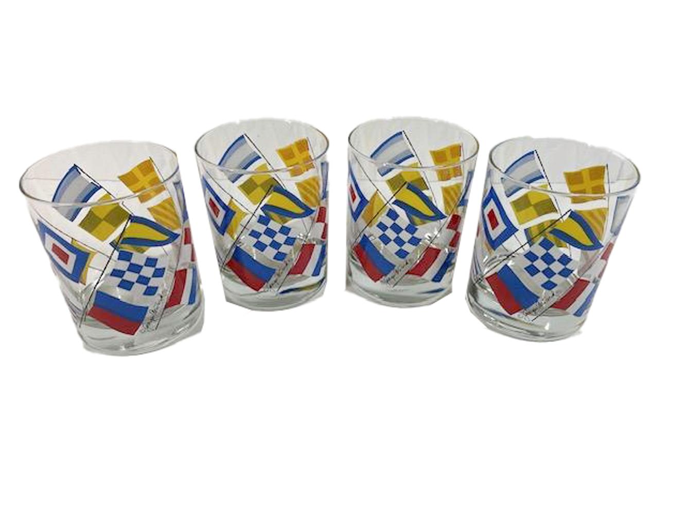 American Four Georges Briard Rocks Glasses with Polychrome Enamel Nautical Flags For Sale