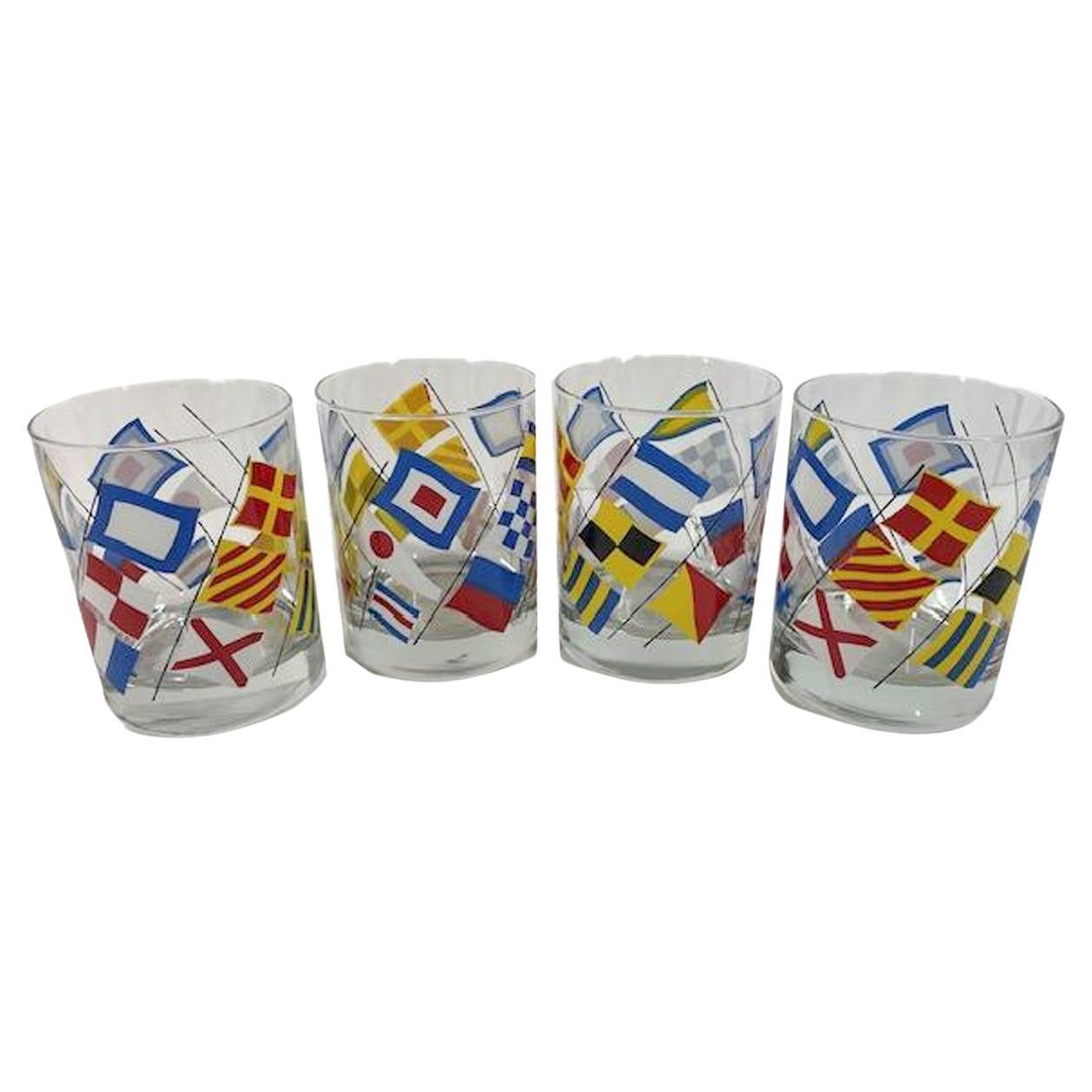 Four Georges Briard Rocks Glasses with Polychrome Enamel Nautical Flags