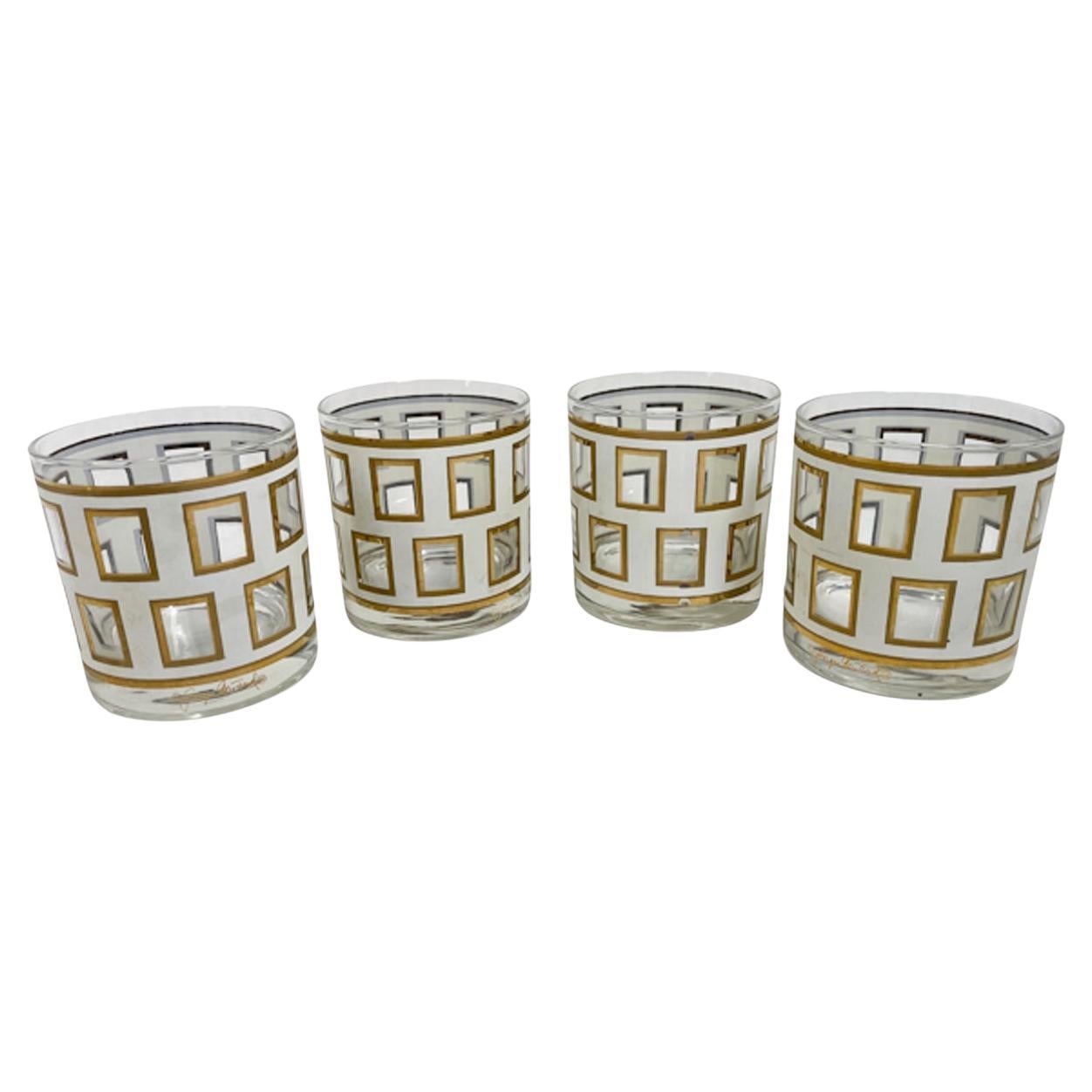 Four Georges Briard "Window" Pattern Rocks Glasses in White with 22 Karat Gold For Sale