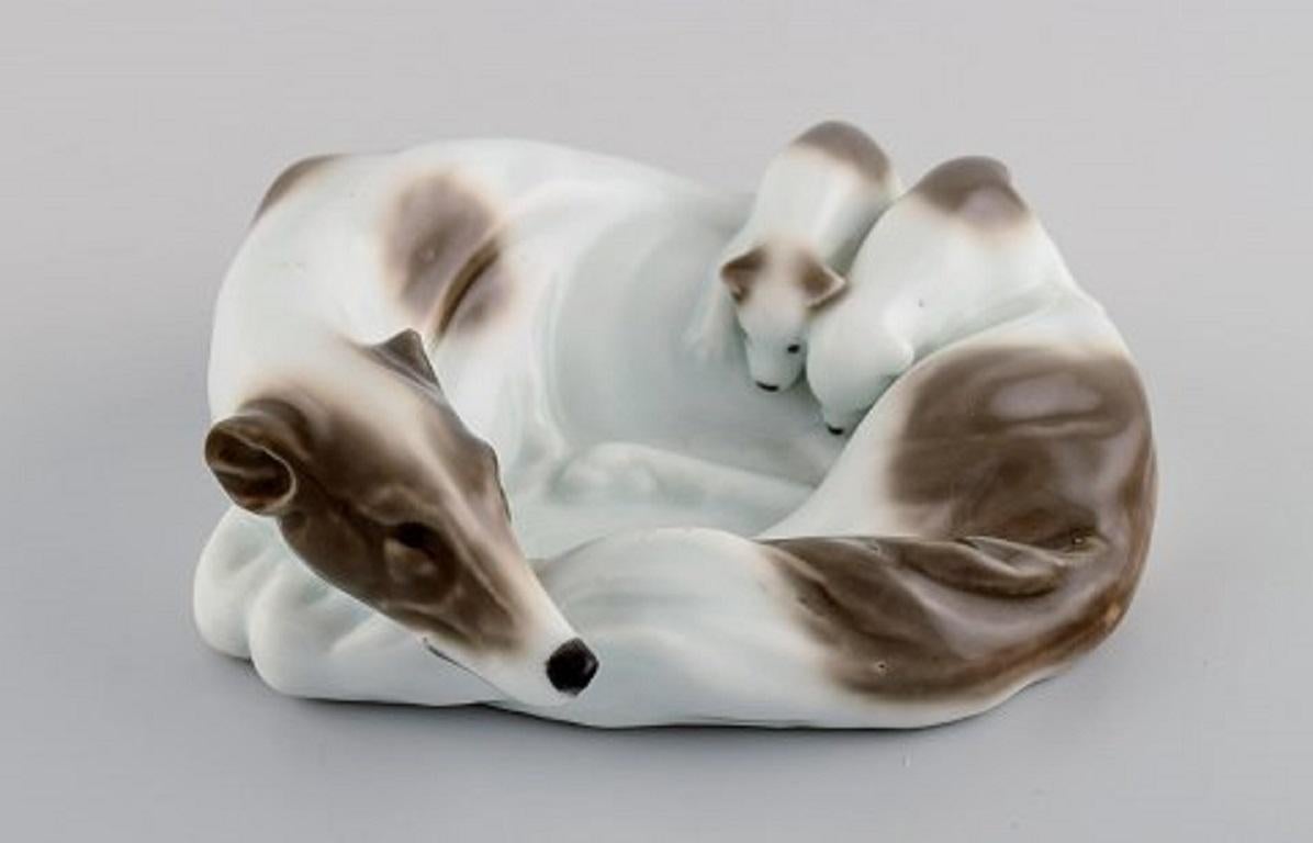 Mid-20th Century Four German Porcelain Figurines, Terrier and Greyhound with Puppies, 1960s For Sale