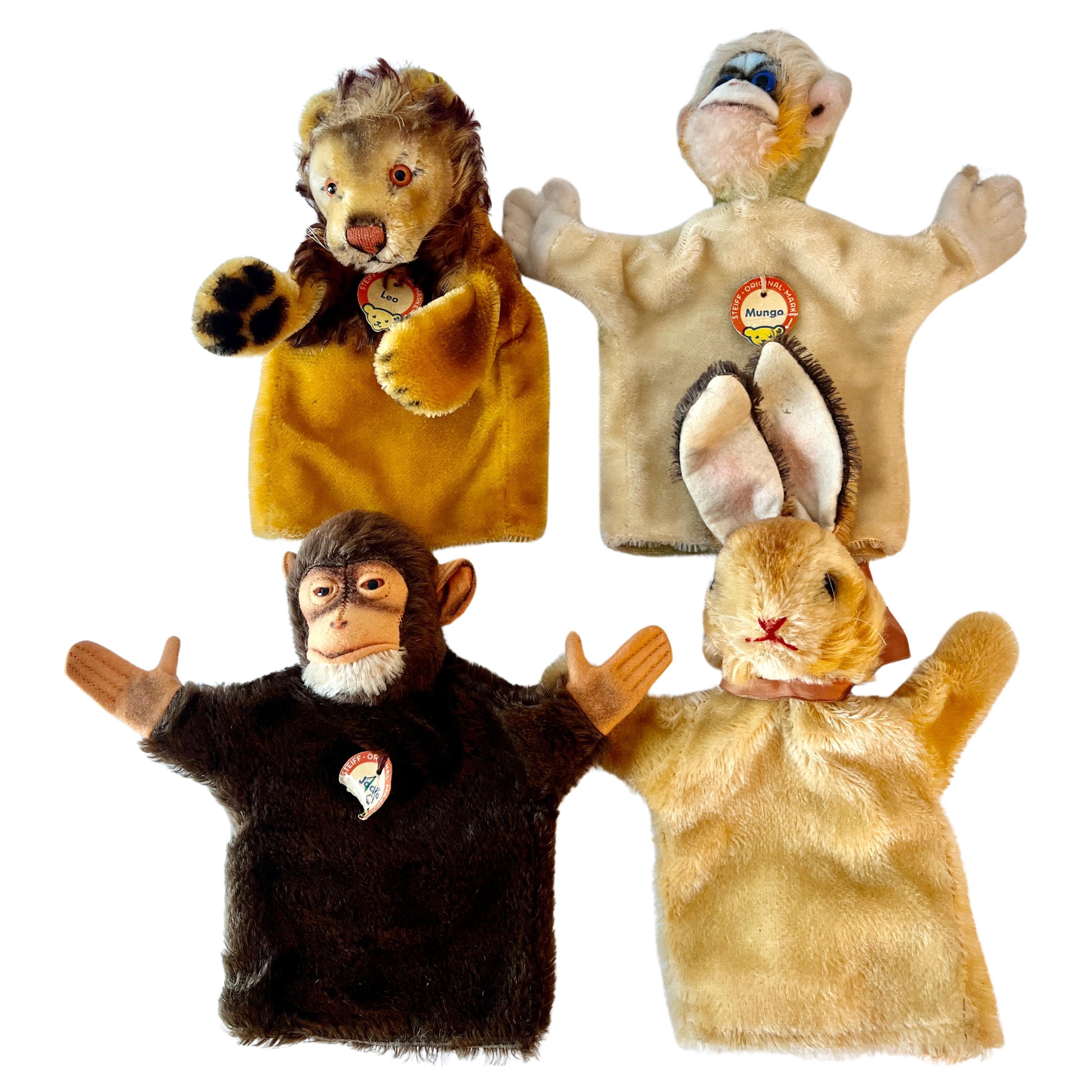Four German Steiff Lion Monkey Rabbit Hand Puppets