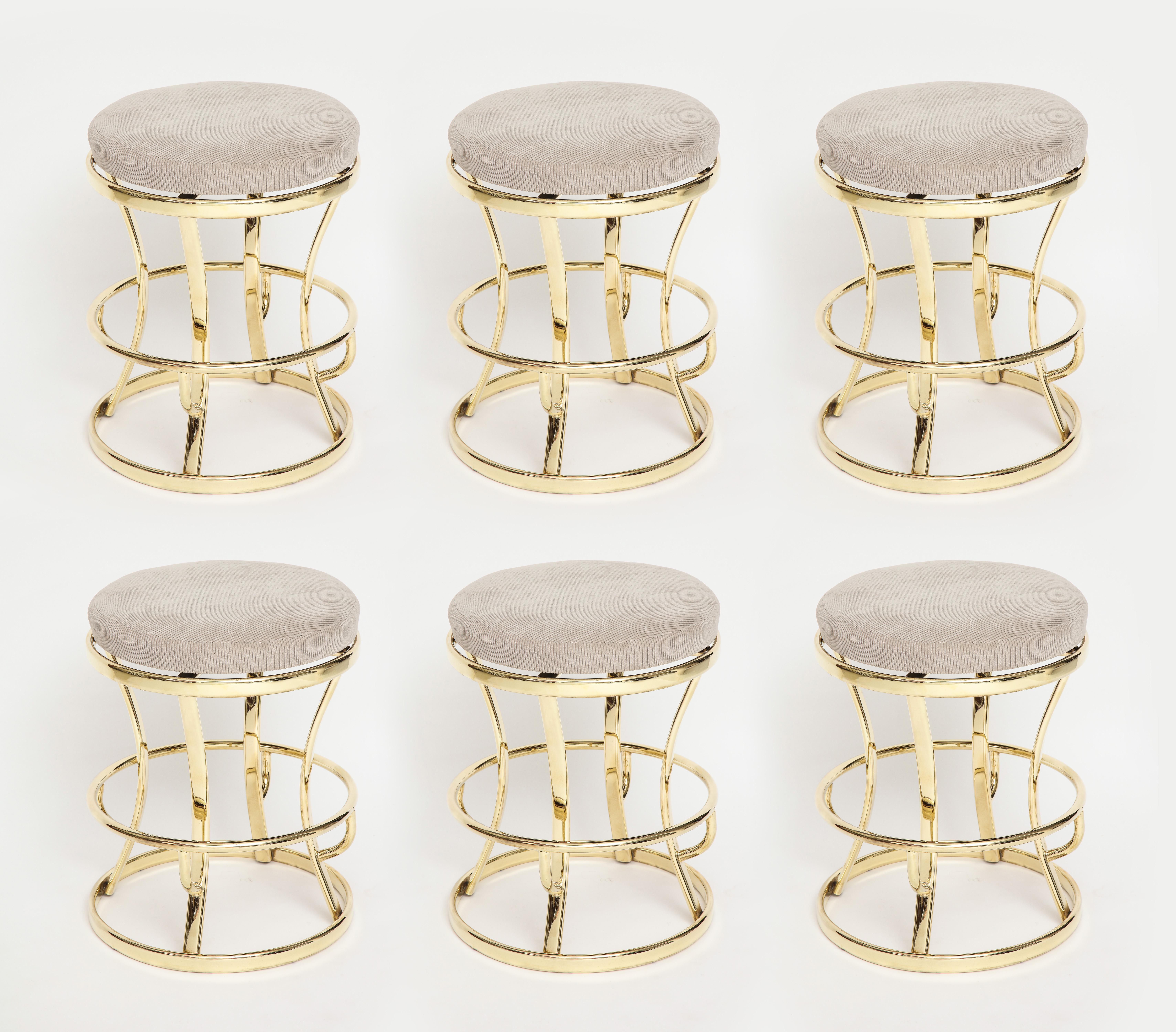 20th Century Four Glamorous Brass and Grey Barstools, Midcentury, France, 1970s For Sale