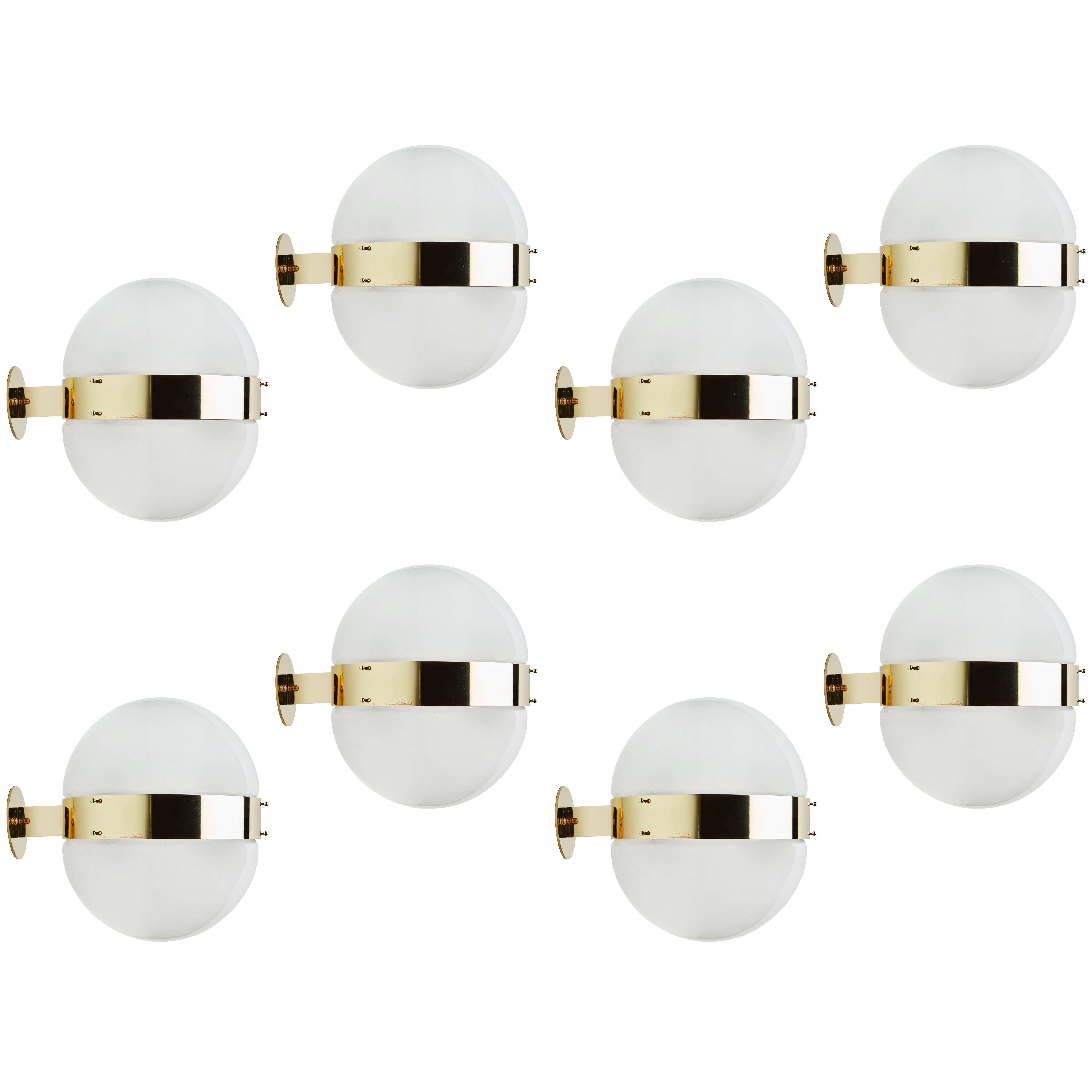 Brass and opalescent glass wall or ceiling light designed by Sergio Mazza for Artemide in Italy, circa 1960s. Light can be mounted as wall light or ceiling light. Brass has been restored and is un-lacquered which will allow it to patina over time.