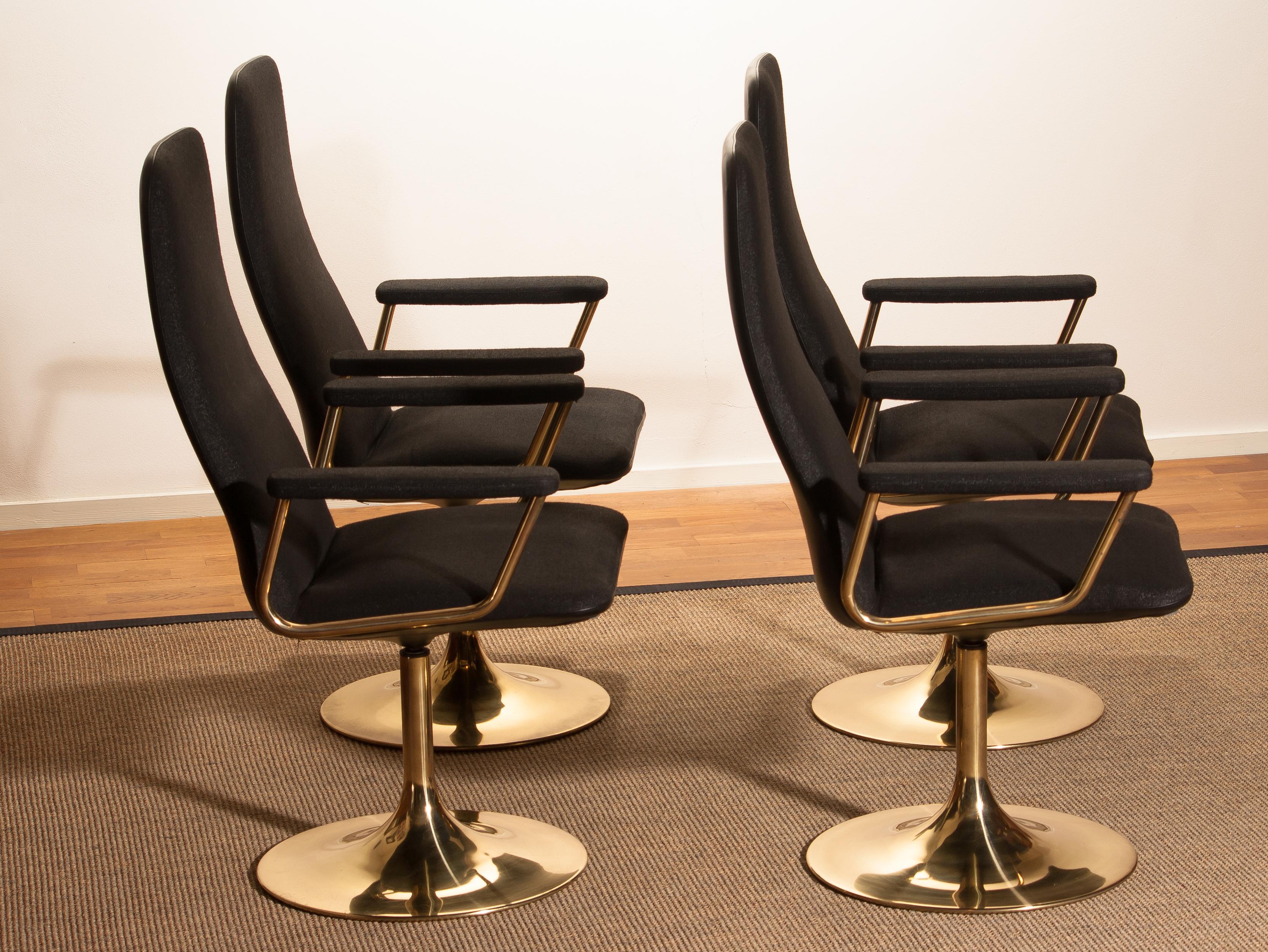 Four Golden, with Black Fabric, Armrest Swivel Chairs by Johanson Design, 1970 4