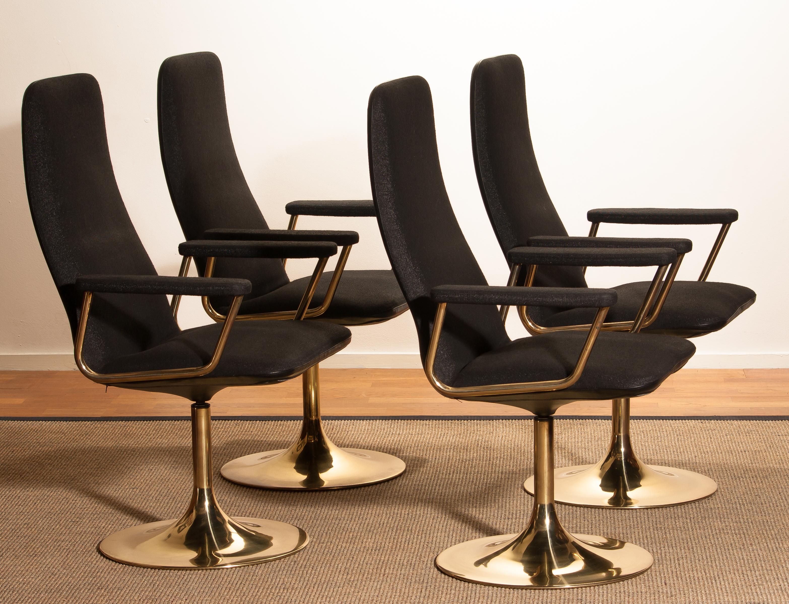 Swedish Four Golden, with Black Fabric, Armrest Swivel Chairs by Johanson Design, 1970