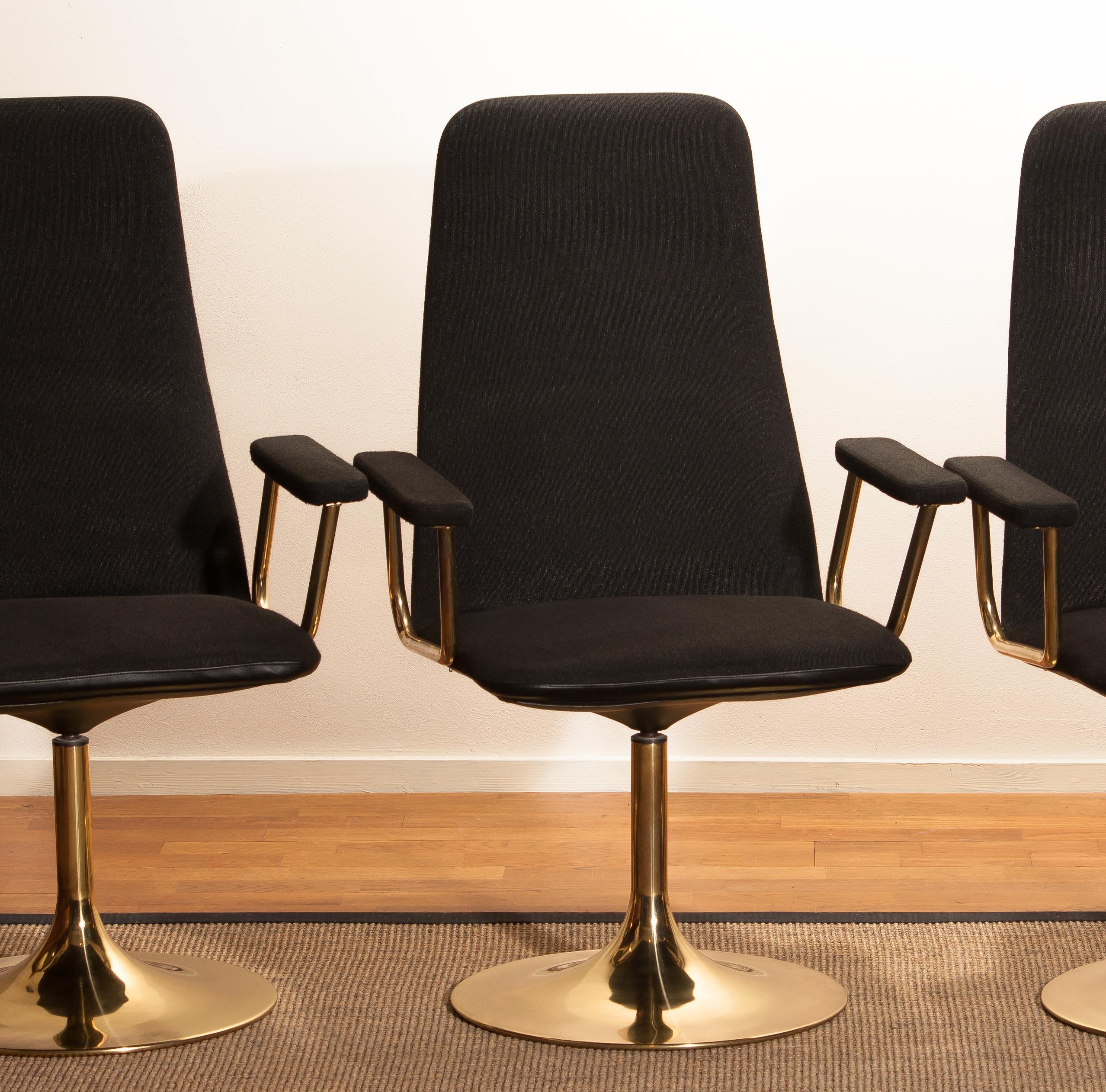 Swedish Four Golden, with Black Fabric, Armrest Swivel Chairs by Johanson Design, 1970