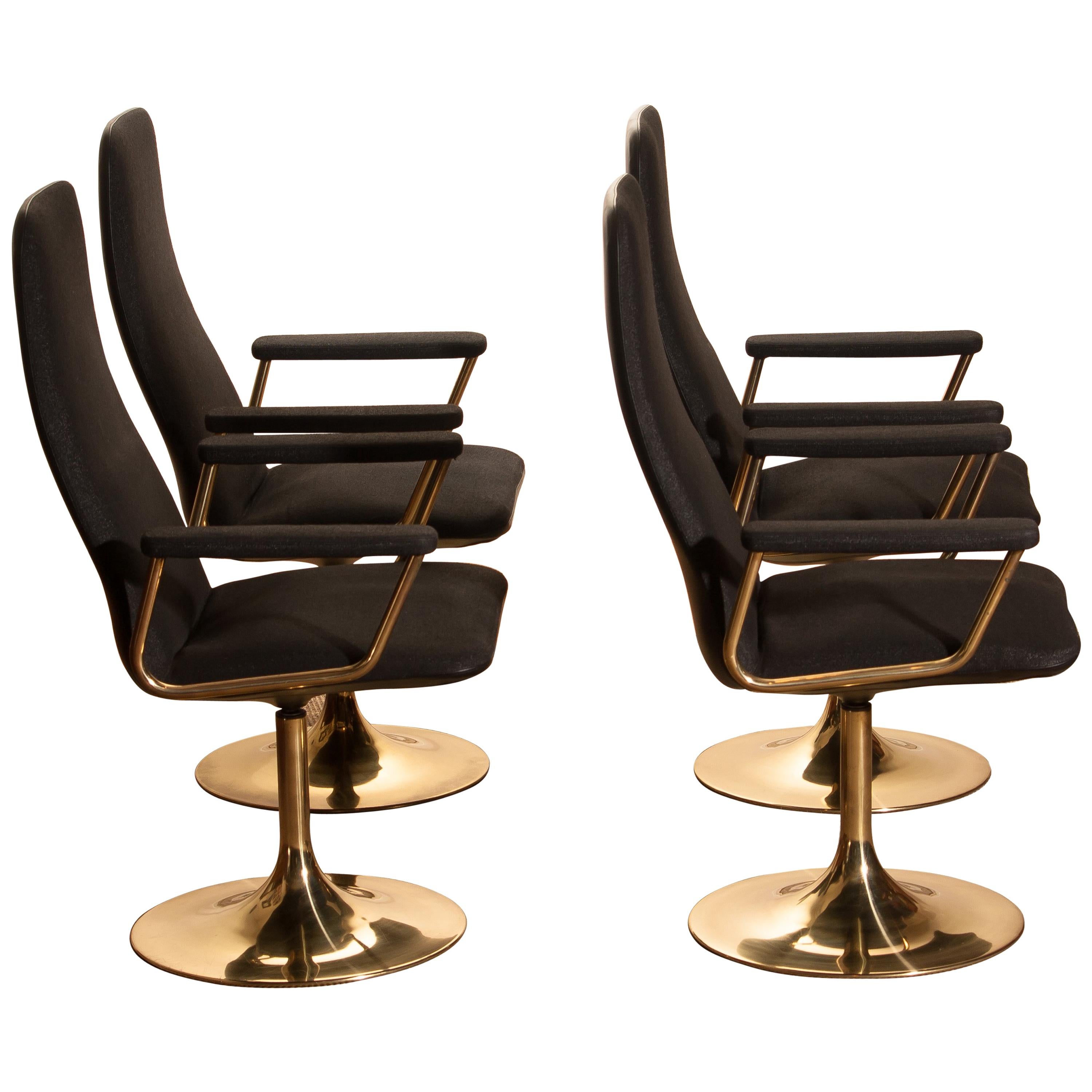 Late 20th Century Four Golden, with Black Fabric, Armrest Swivel Chairs by Johanson Design, 1970