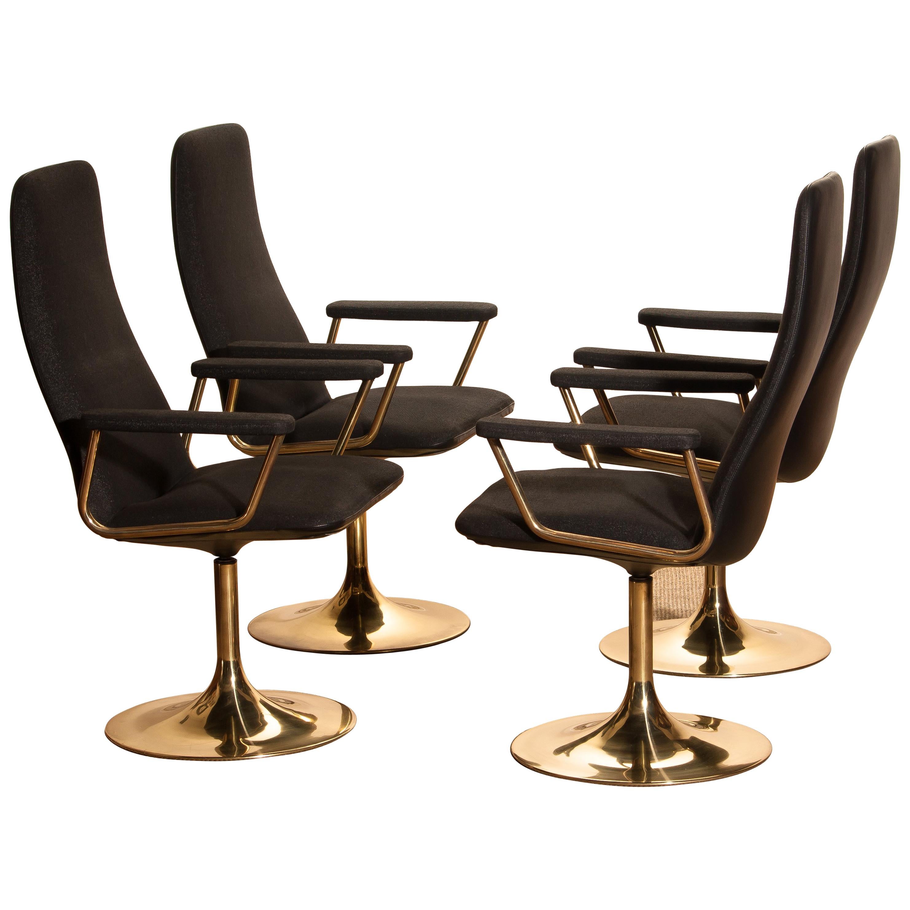 Metal Four Golden, with Black Fabric, Armrest Swivel Chairs by Johanson Design, 1970