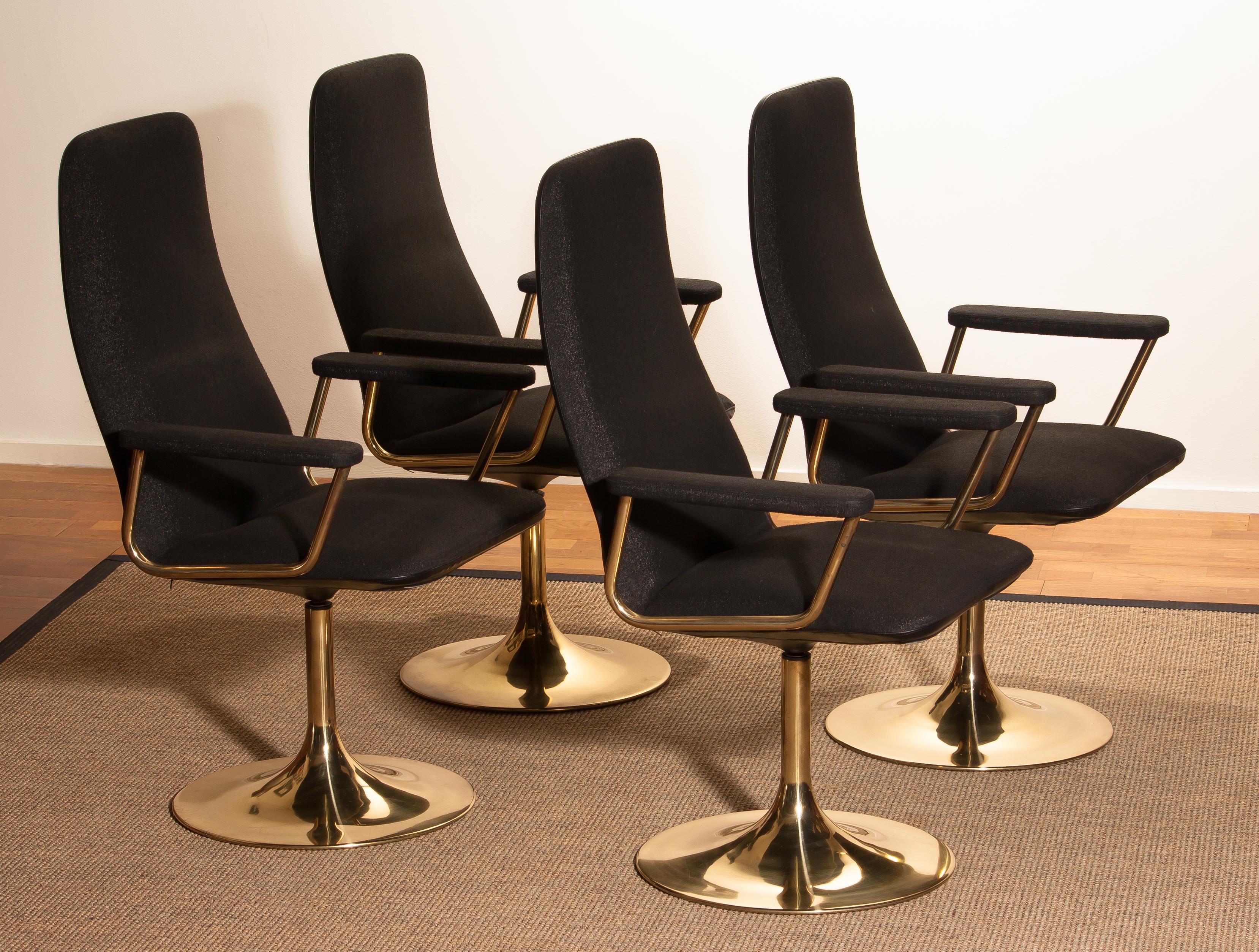 Mid-Century Modern Four Golden, with Black Fabric, Armrest Swivel Chairs by Johanson Design, 1970