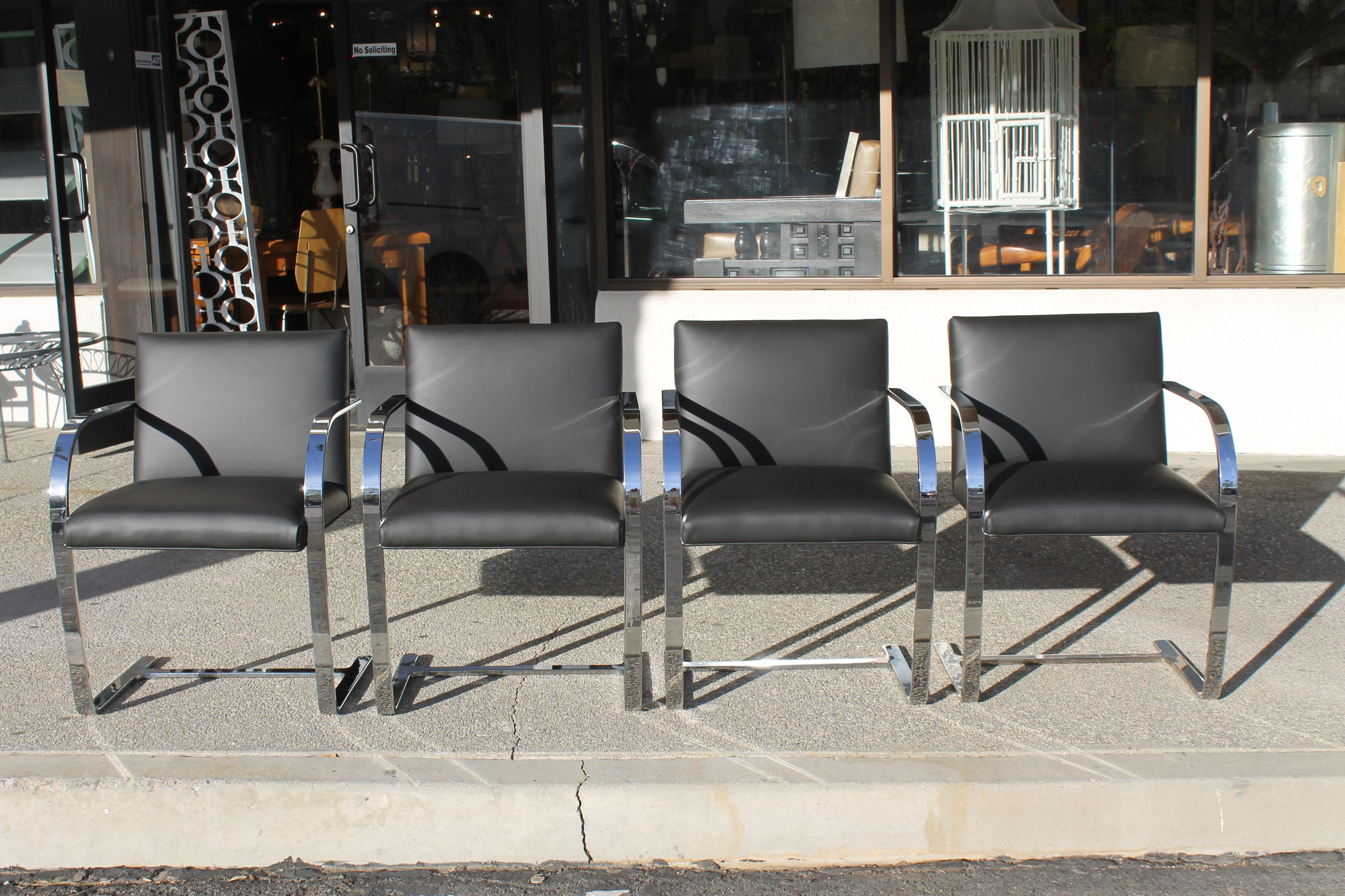 Four Mies van der Rohe Brno chairs made by Gordon International, Brooklyn, N.Y. Chairs are chromed steel with new recycled leather. Each chair measures: 22.5