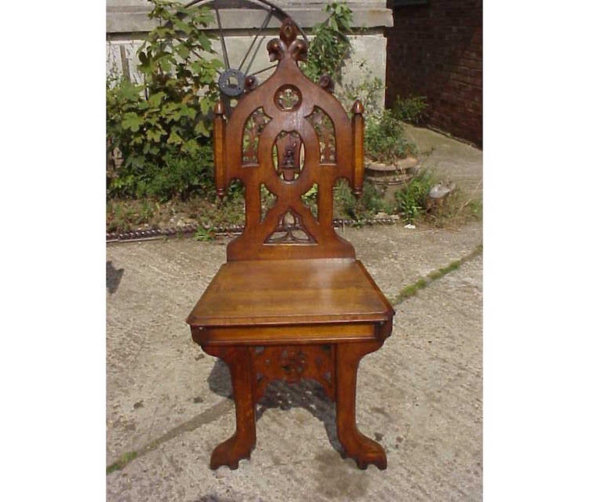 19th Century Four Gothic Revival Oak Hall Chairs For Sale