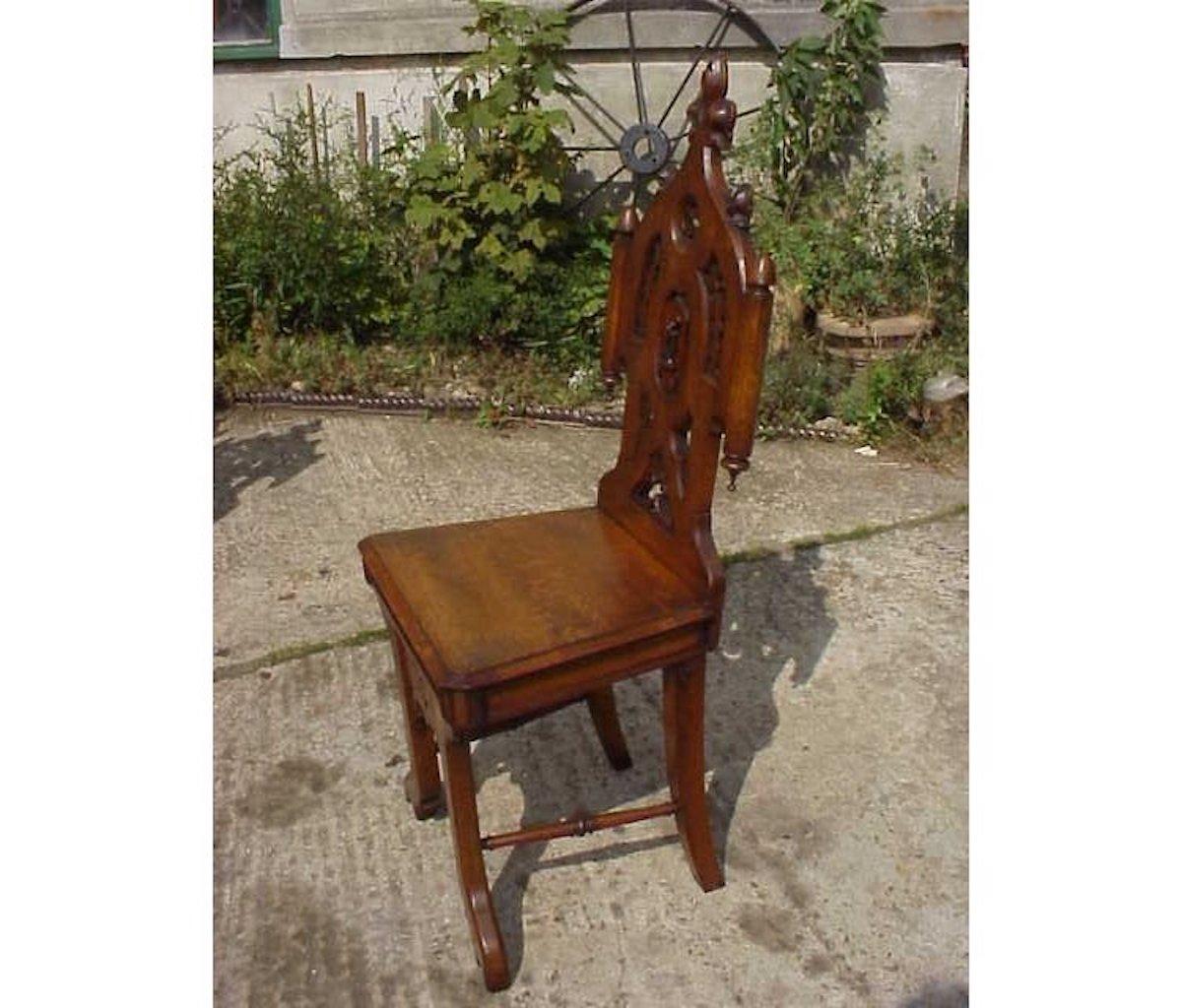 Four Gothic Revival Oak Hall Chairs For Sale 4
