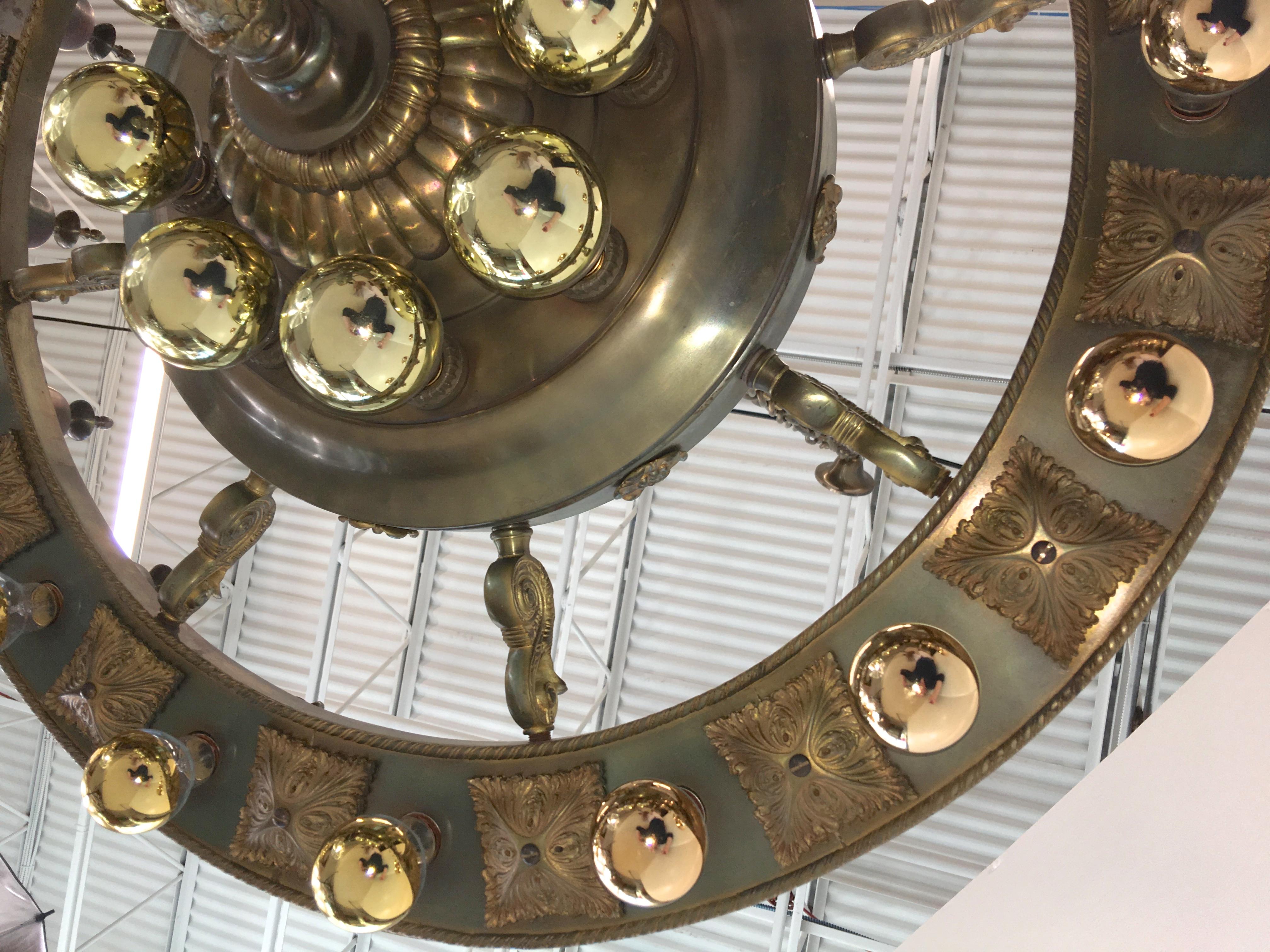 Grand Scale Bronze Lobby Chandelier In Good Condition In Hanover, MA