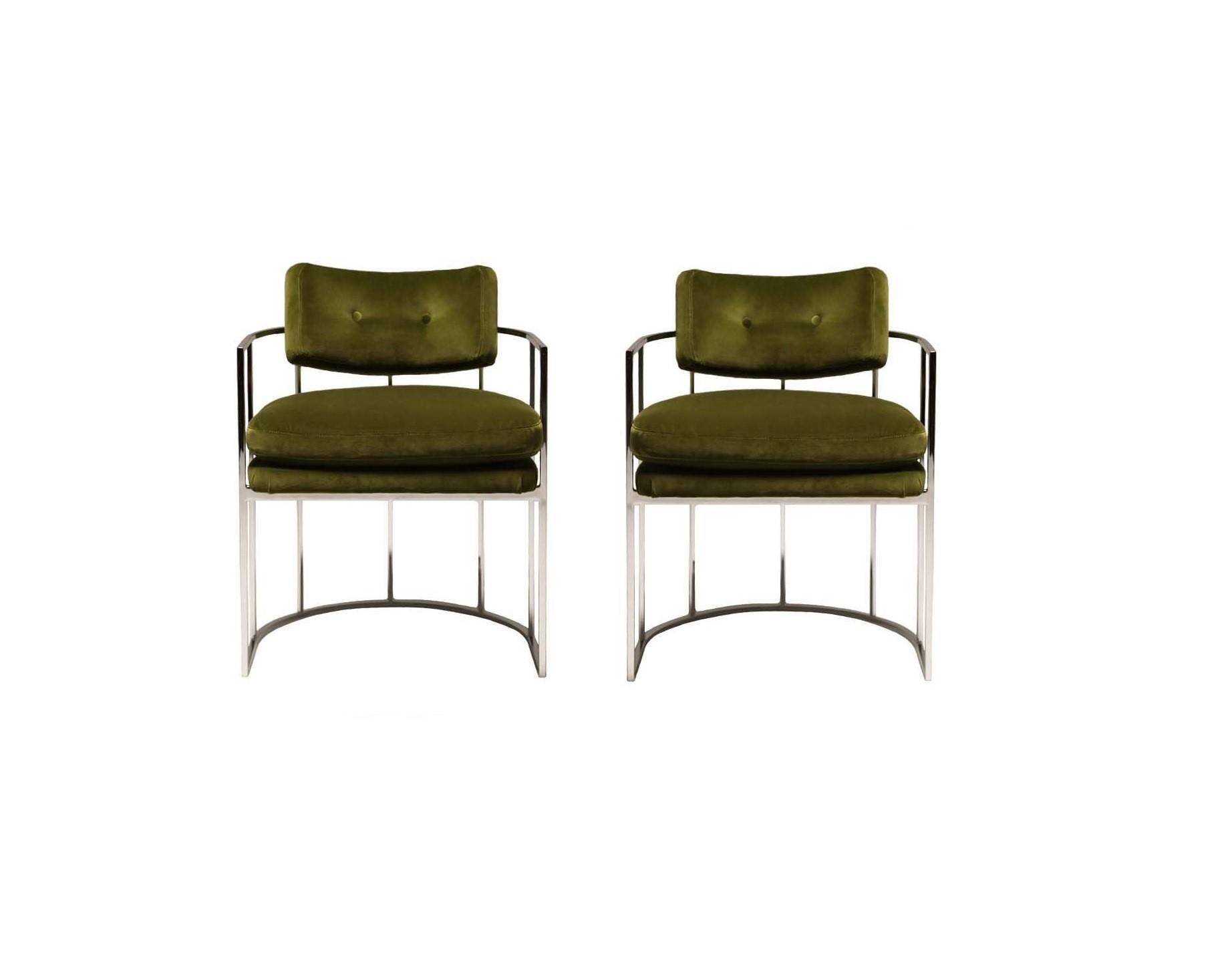 Mid-Century Modern Four Green and Chrome Milo Baughman Barrel Dining Chairs