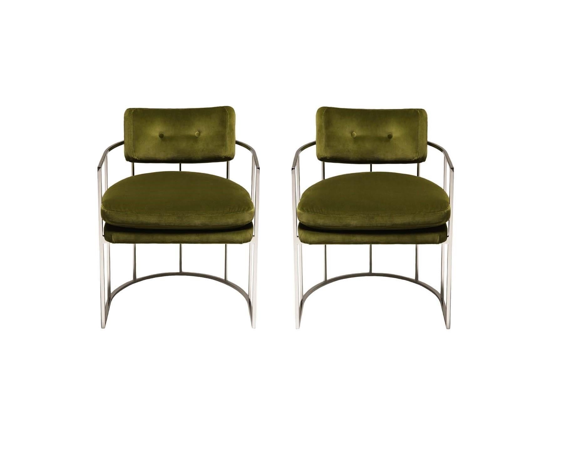 American Four Green and Chrome Milo Baughman Barrel Dining Chairs