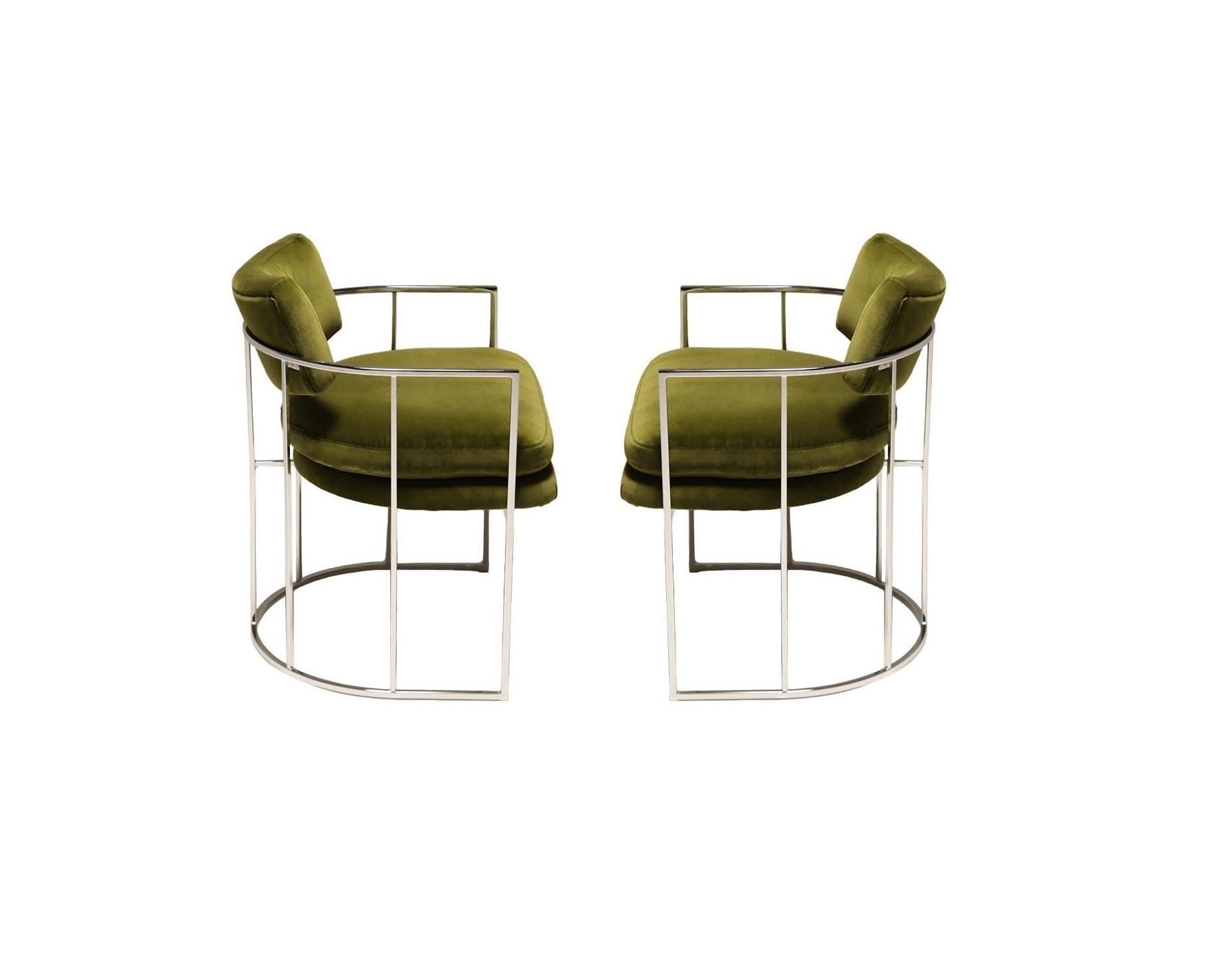 Four Green and Chrome Milo Baughman Barrel Dining Chairs In Good Condition In Dallas, TX