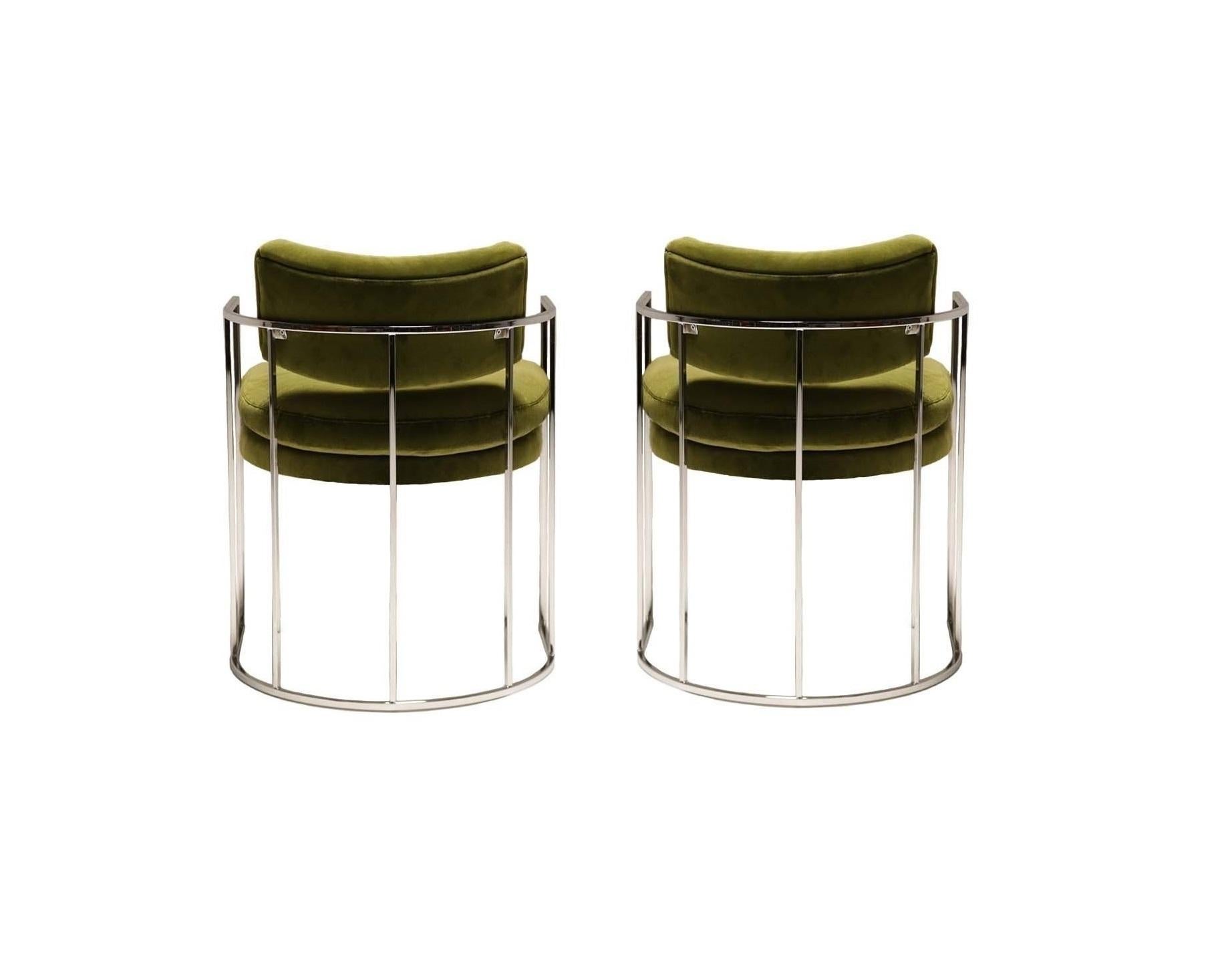 Late 20th Century Four Green and Chrome Milo Baughman Barrel Dining Chairs