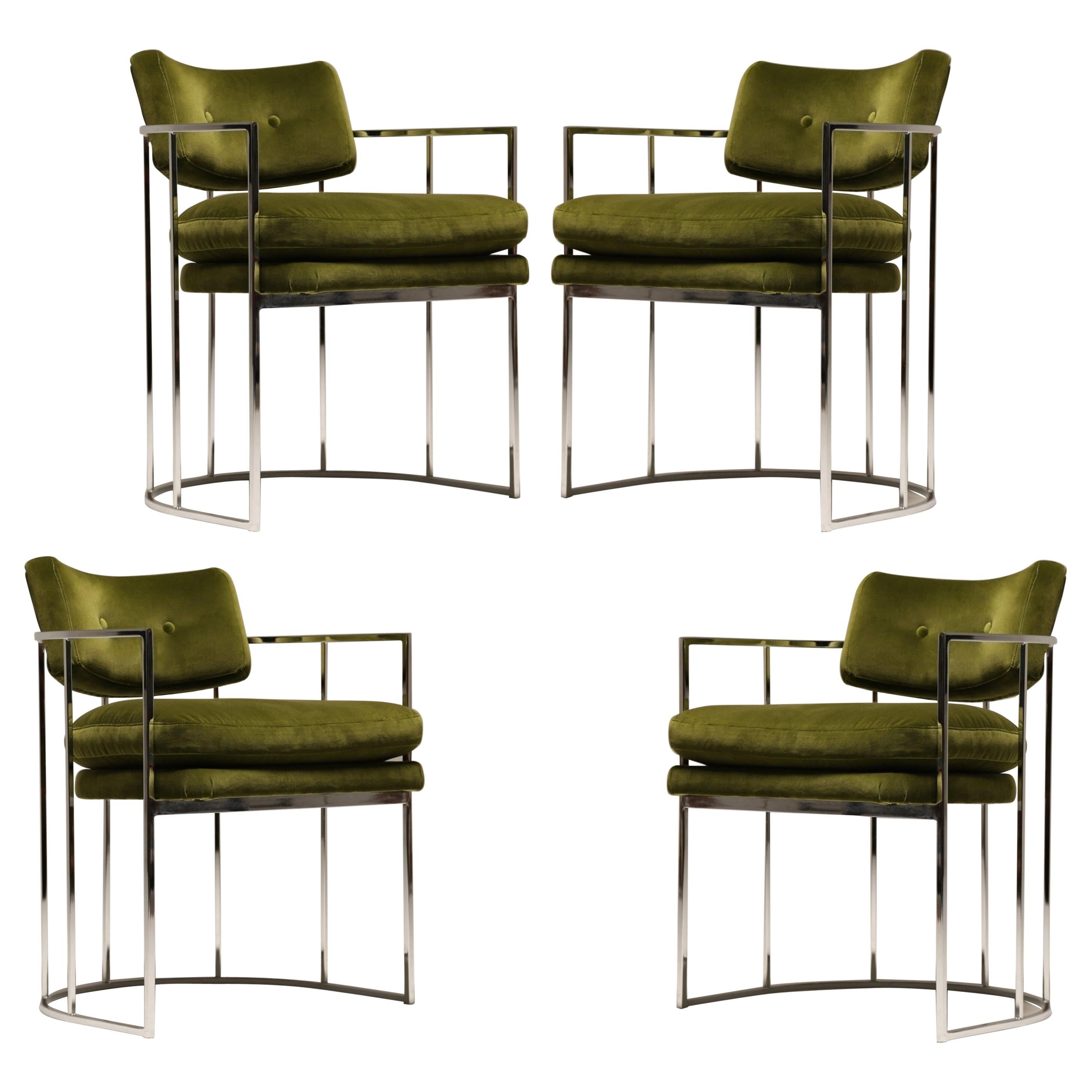 Four Green and Chrome Milo Baughman Barrel Dining Chairs