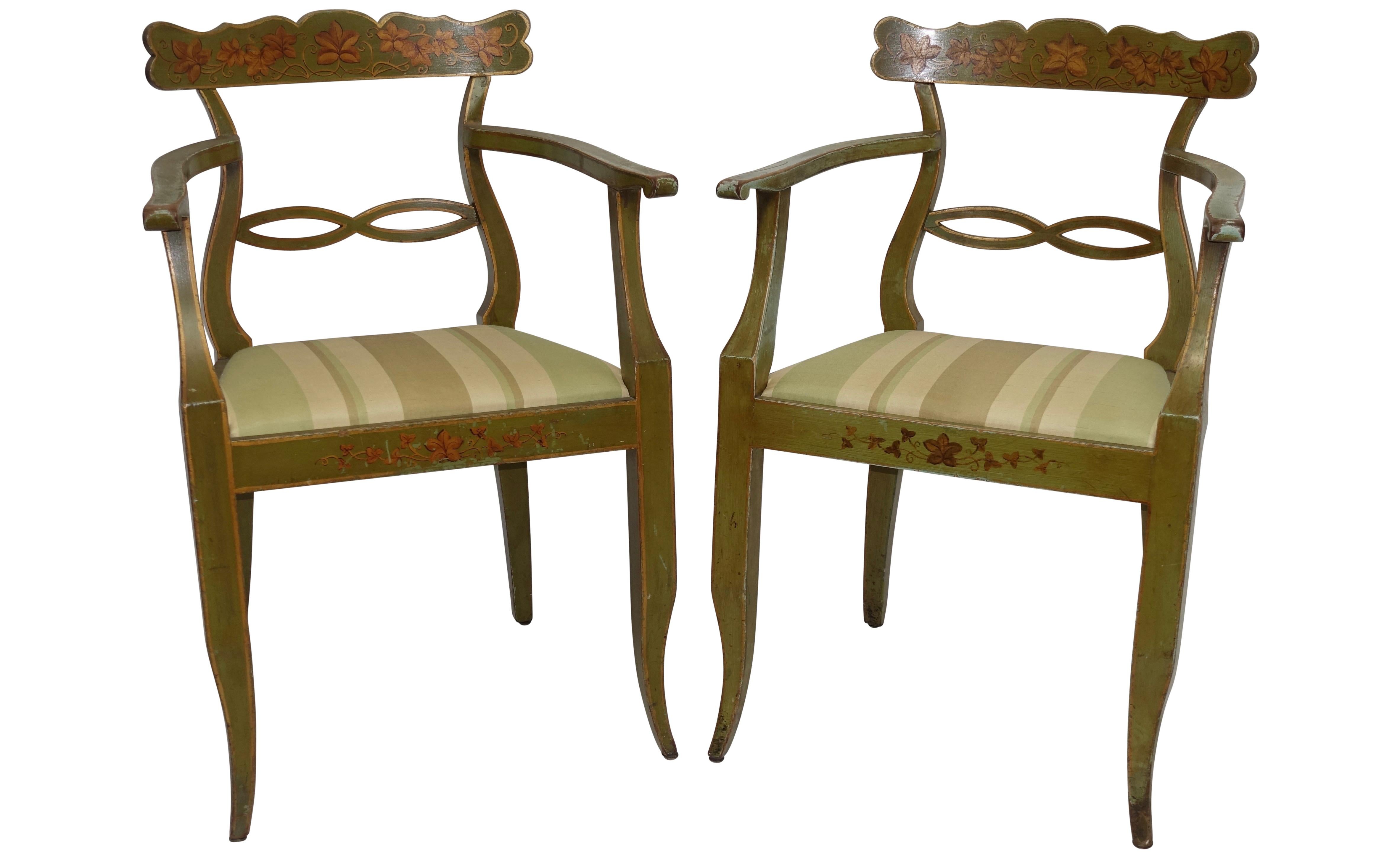 Country Four Green Painted Armchairs with Trailing Ivy, Northern European, 19th Century For Sale