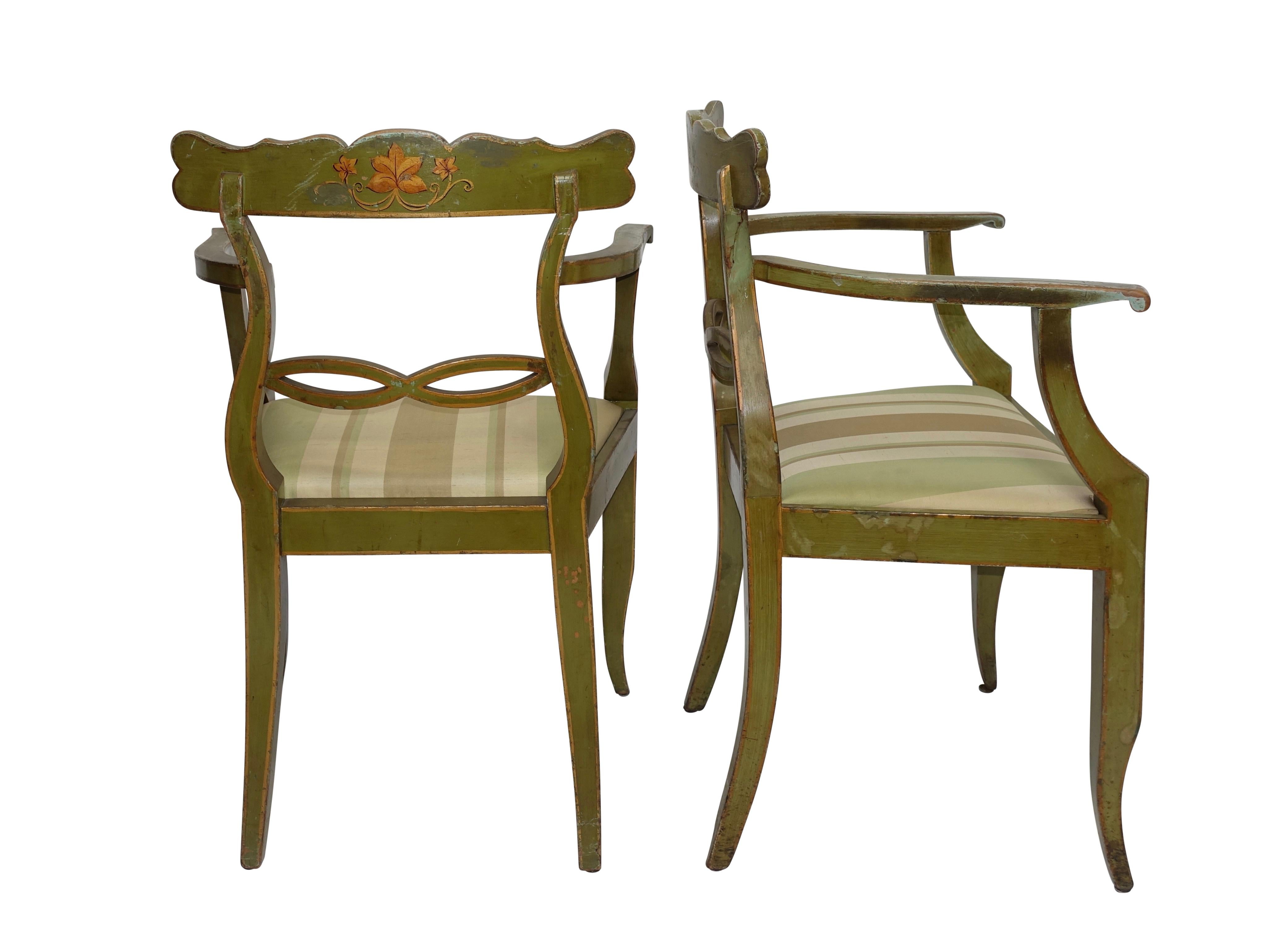 Wood Four Green Painted Armchairs with Trailing Ivy, Northern European, 19th Century For Sale