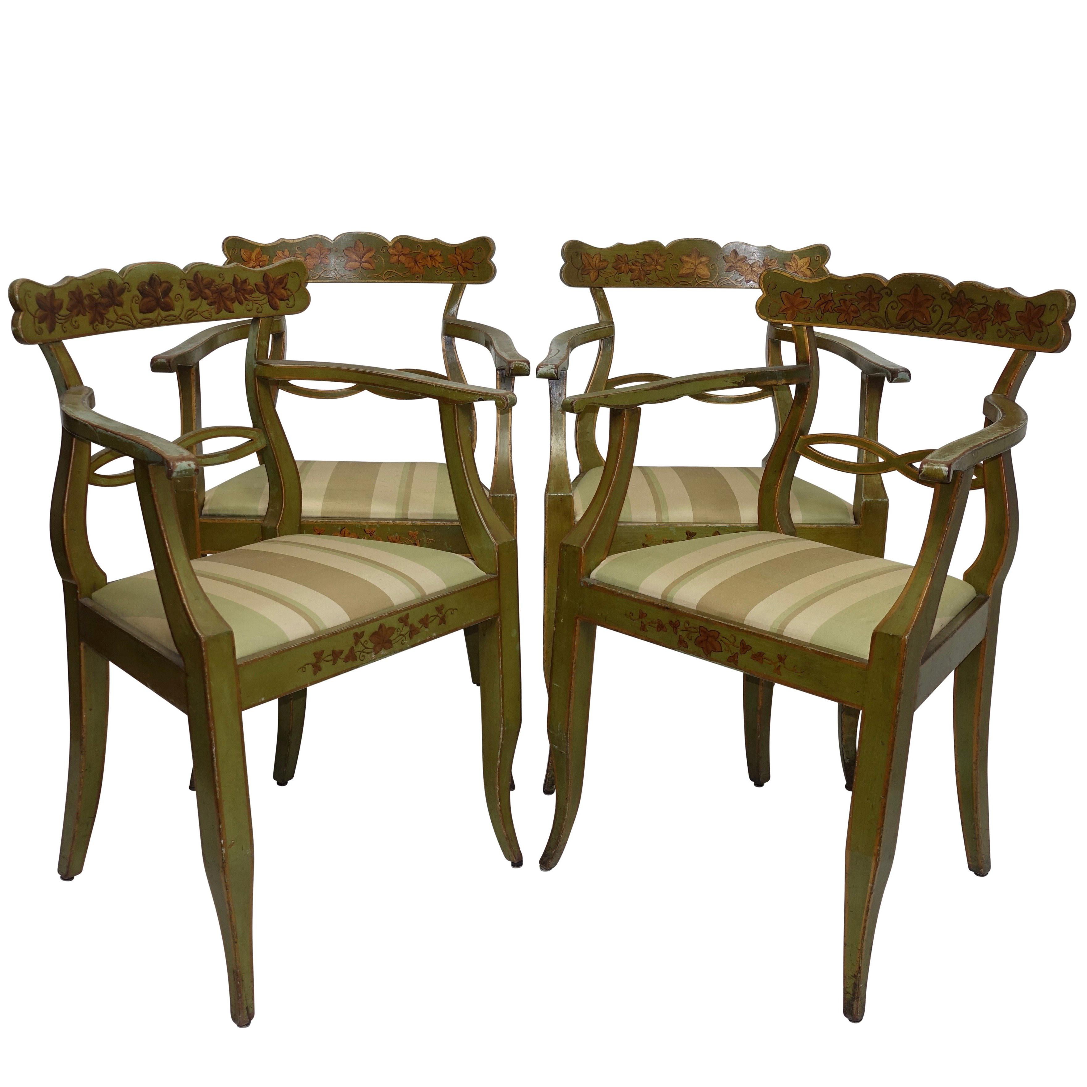 Four Green Painted Armchairs with Trailing Ivy, Northern European, 19th Century For Sale