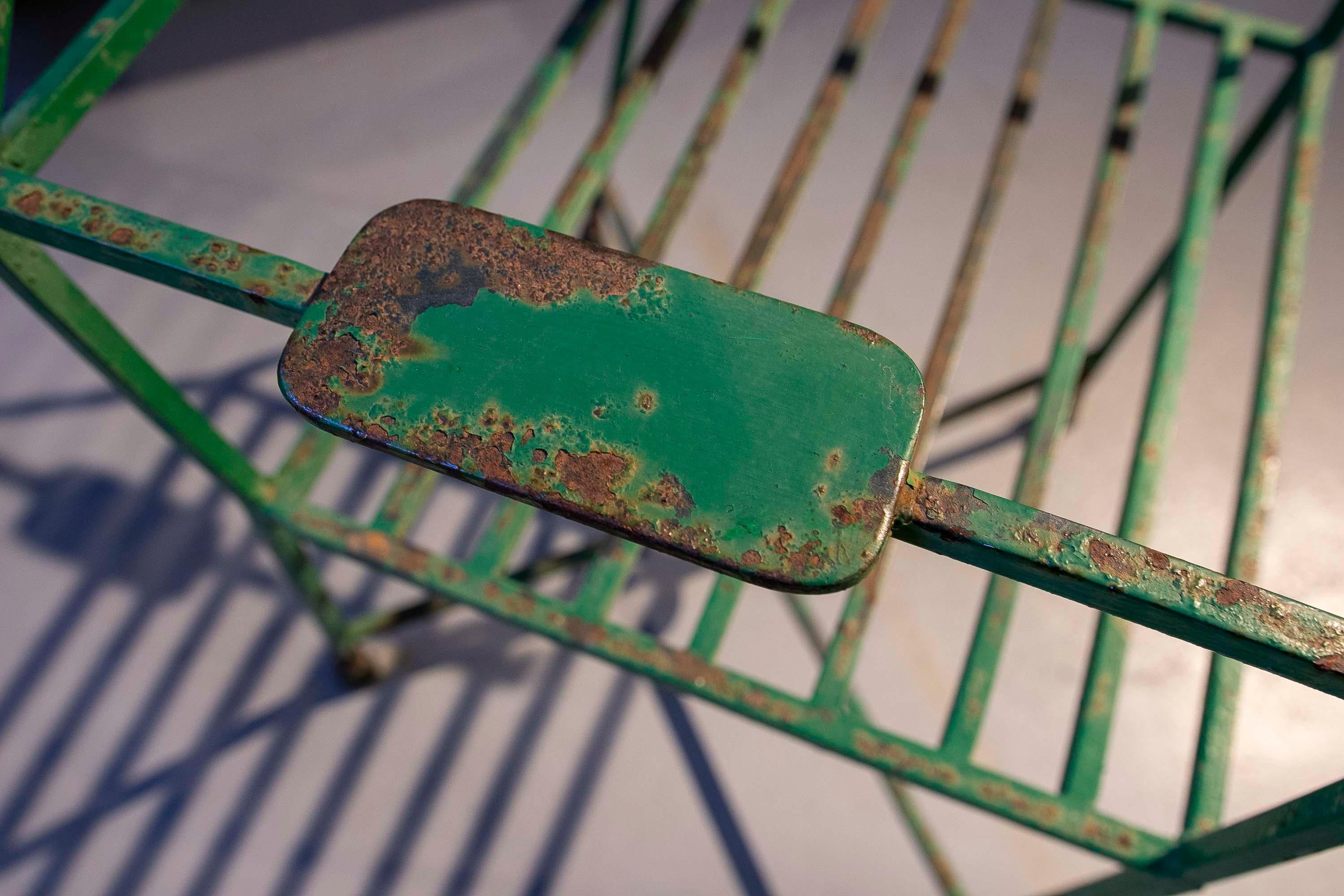 Four Green Painted Iron Chairs with Ants Decoration on the legs 8
