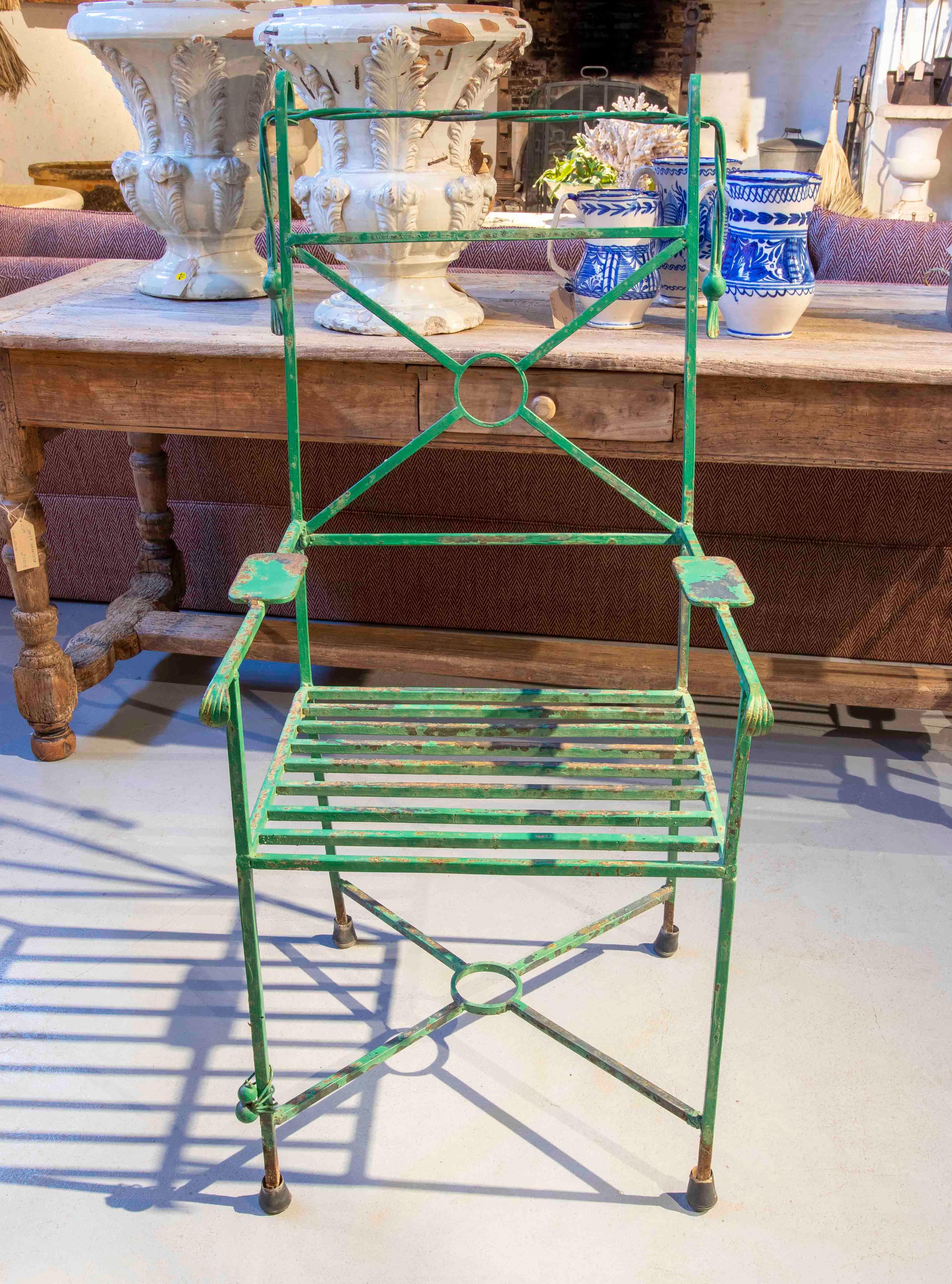 Four Green Painted Iron Chairs with Ants Decoration on the legs For Sale 14