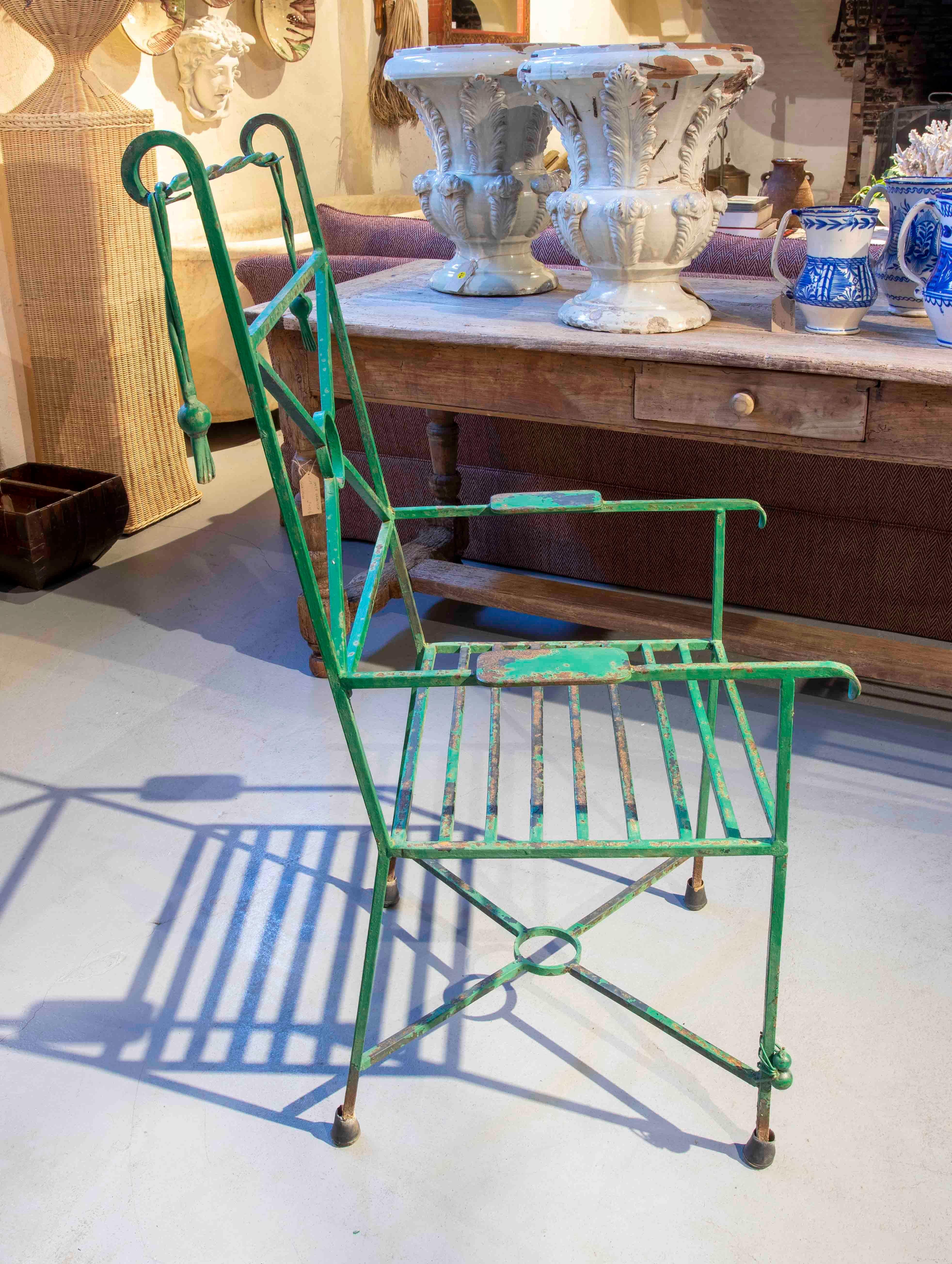 Four Green Painted Iron Chairs with Ants Decoration on the legs For Sale 2